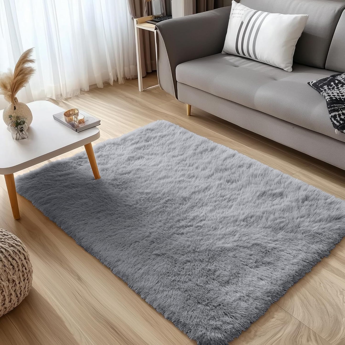 OLANLY 3x5 Soft Fluffy Shaggy Bedside Rug - Machine Washable Indoor Carpet for Kids & Nursery | Light Grey