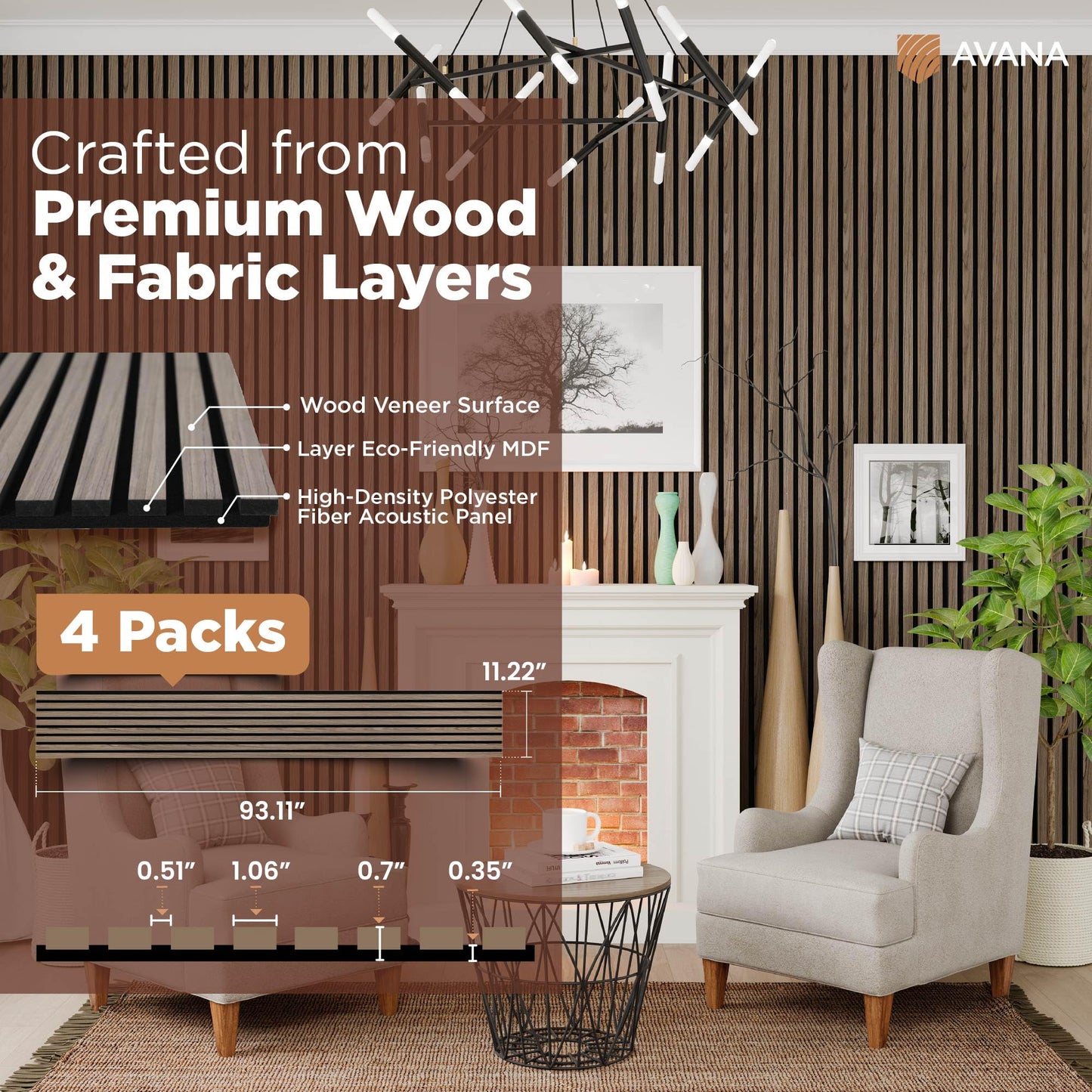 Avana Acoustic Wood Wall Panels –93.2x11.25 Inch Panels – Fits 94x12 Layout – Natural Walnut Acoustic Panels 4 PCs –Wall Panels For Interior Wall Decor For Homes, Offices – Design Wood Panels For Wall