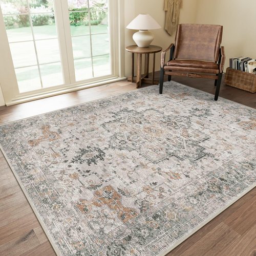 GENIMO 5X7 Area Rug - Machine Washable, Non-Slip Vintage Chenille Print for Living Room & Bedroom - Light Taupe Brown