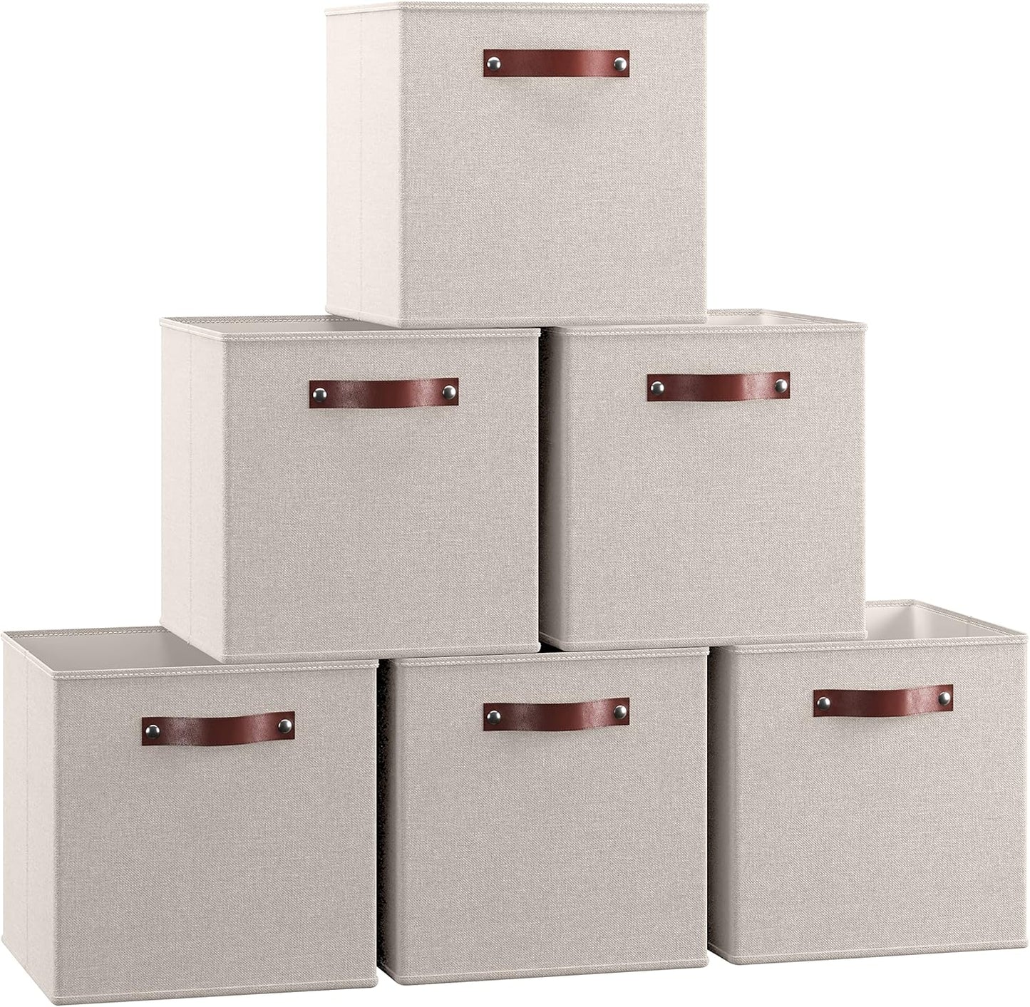 Ornavo Home Storage Cube Bins - Foldable Fabric Organizers with Leather Handles | 11x11 Inches, Beige, 6 Pack