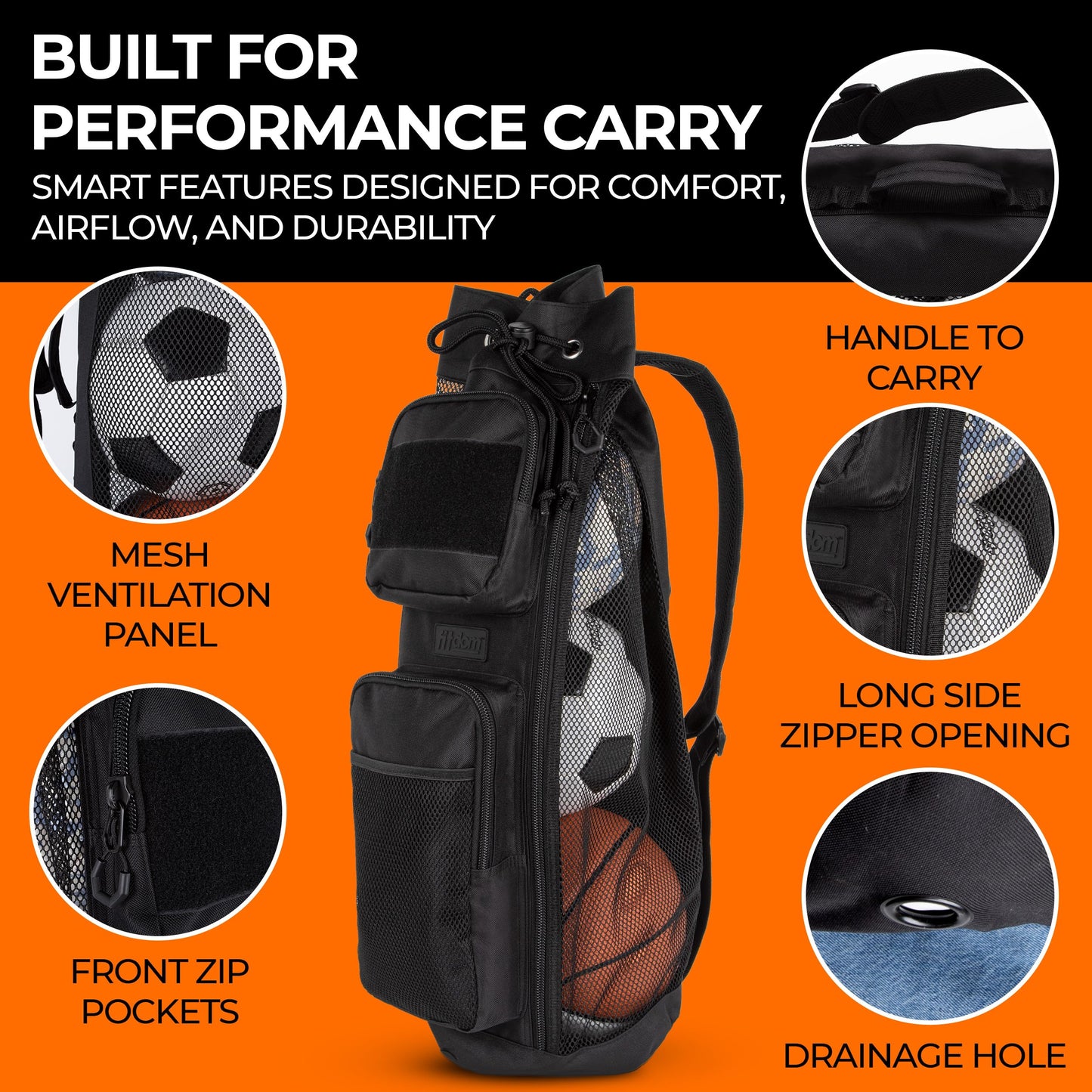 Fitdom 47L Heavy Duty Mesh Equipment Ball Bag w/Adjustable Padded Sling Shoulder Strap Design for Coach. 3 Different Size Compartments. Perfect for Soccer Football Volleyball Basketball & Water Sports