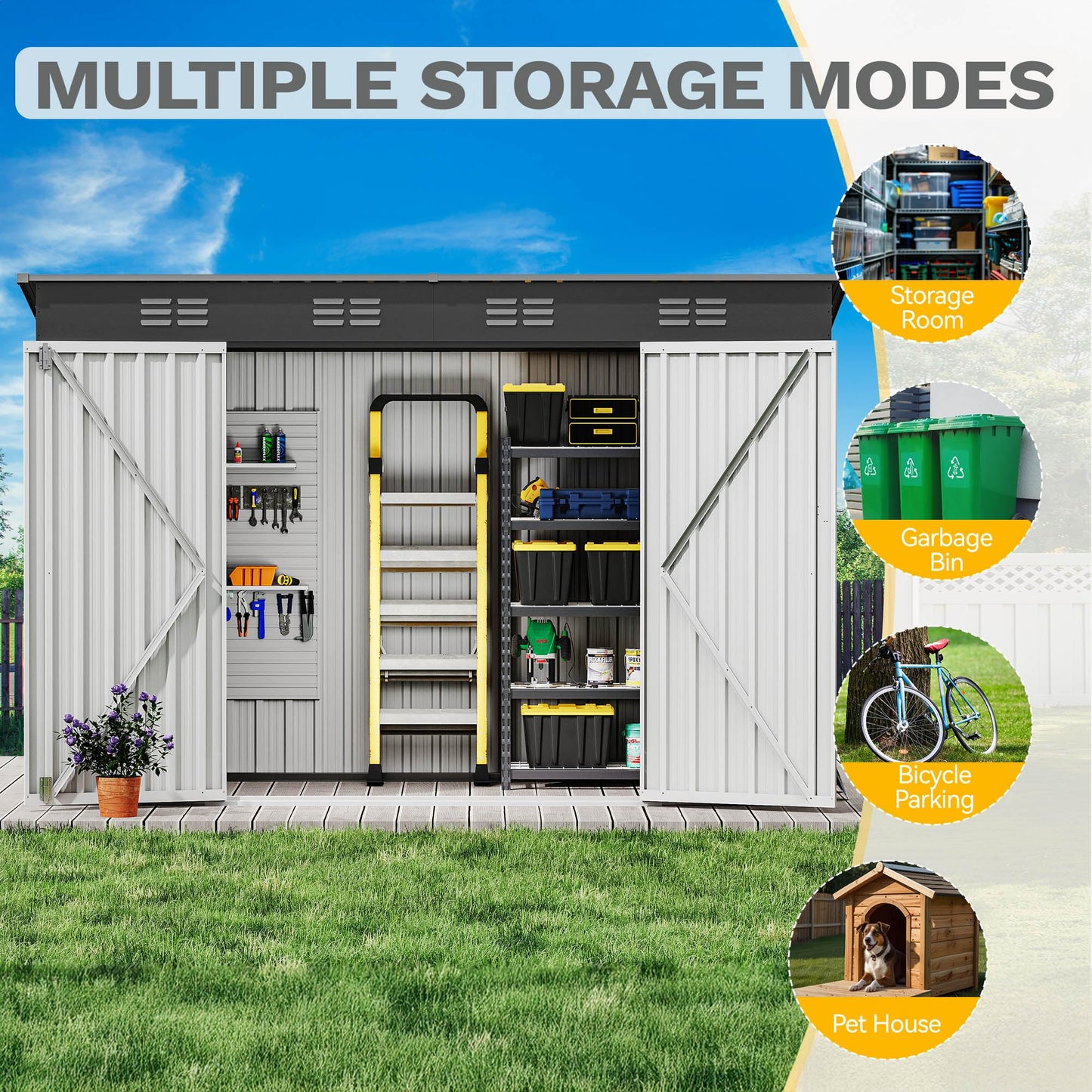 DWVO 8.5' x 3.5' Outdoor Storage Shed, Lockable Double Doors, Sloped Roof, Heavy-Duty Steel Shed for Garden & Patio, Large Backyard Tool Organizer, Dark Gray