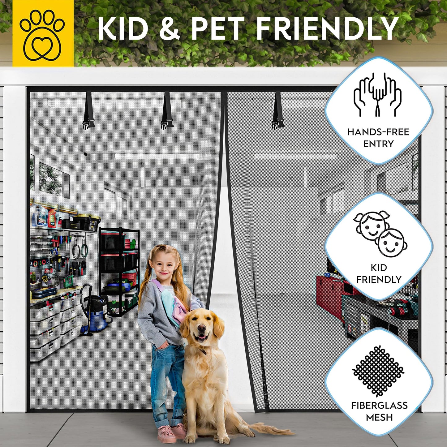 AUGO Garage Door Screen, 2 Car 9x7FT, Fiberglass mesh with Magnetic Closure, Heavy Duty Weighted Bottom, Easy Assembly & Pass, Hands Free Screen Door