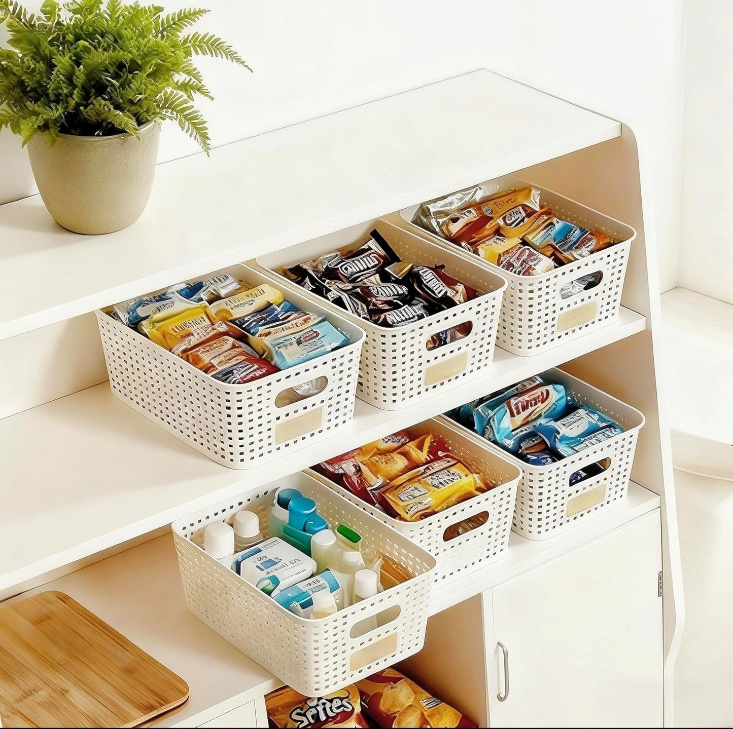 Skiennix Storage Bins - Stackable Plastic Baskets with Bamboo Lids | 6 Pcs Pantry Organizer Set (10"x7.1"x4.1")