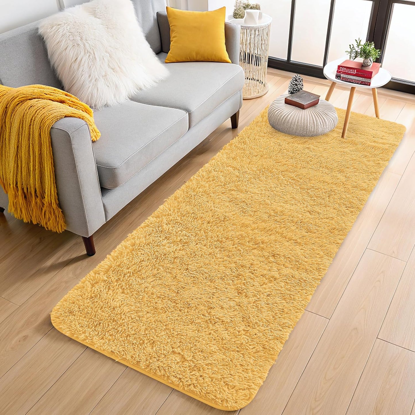 OLANLY Machine Washable 2x6 Runner Rug - Soft Fluffy Shaggy Indoor Carpet for Bedroom & Hallway | Mustard Yellow