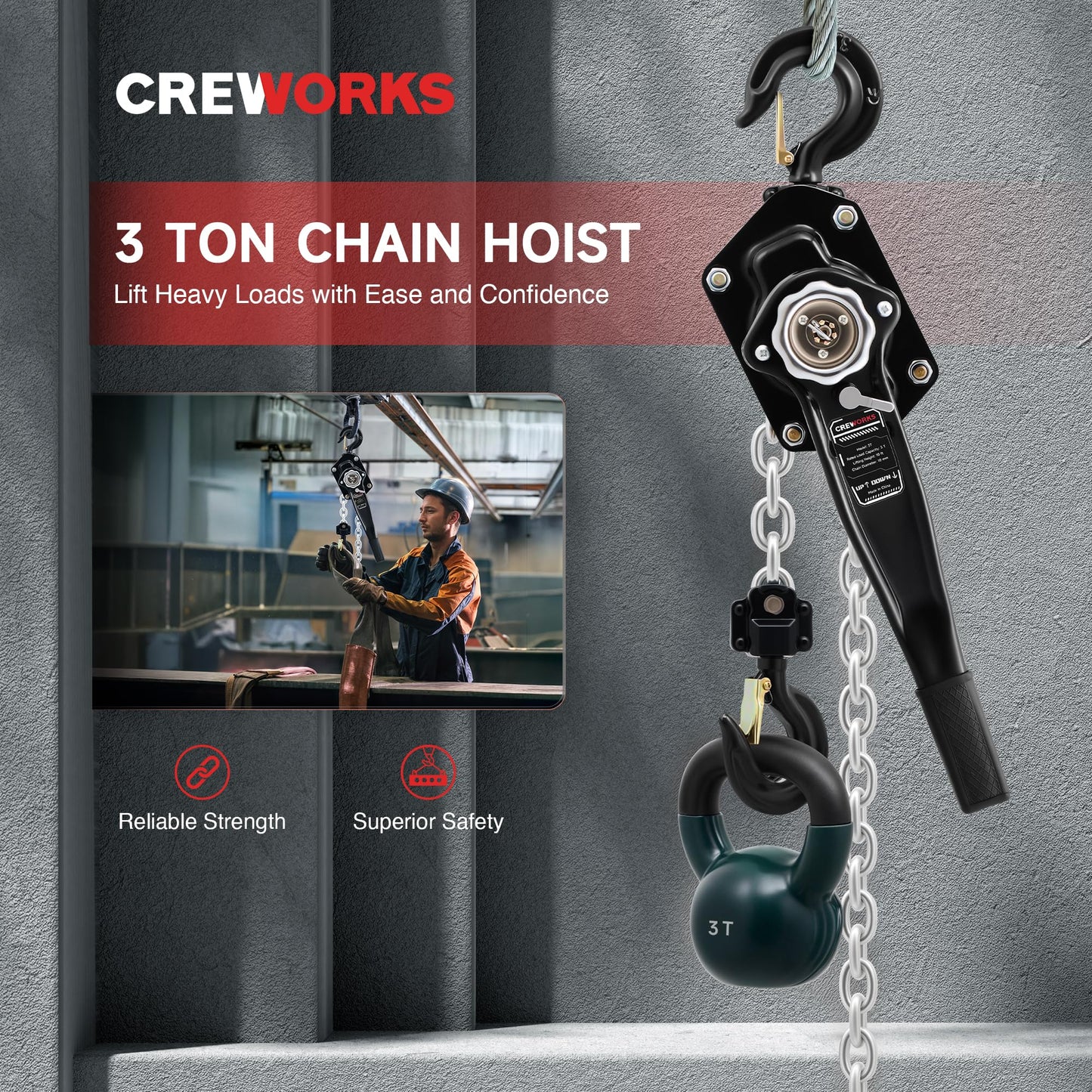 CREWORKS Lever Chain Hoist, 3 Ton 6600 lb Capacity 10 ft Manual Chain Hoist with G80 Galvanized Chain & Swivel Hooks, Heavy Duty Manual Lever Hoist for Construction Warehouse Automotive Factory