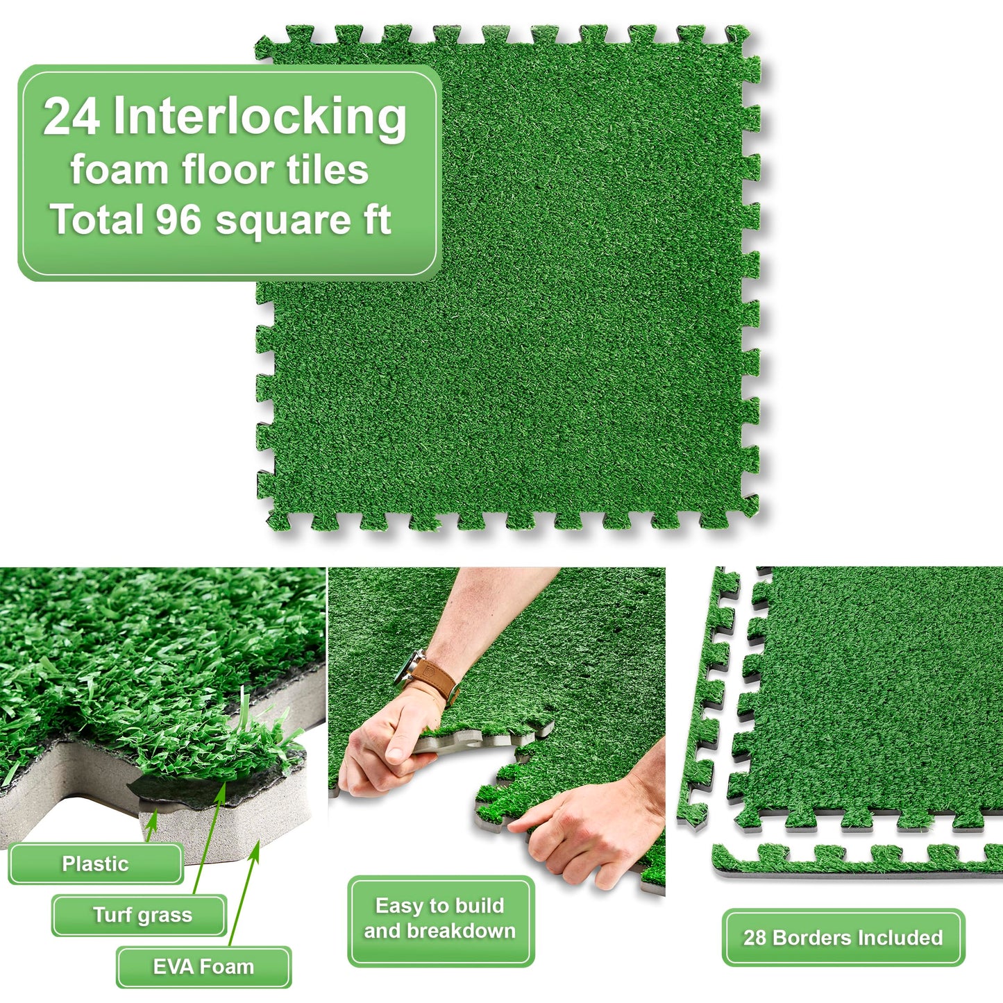 Sorbus Grass Foam Floor Tiles - 24 Interlocking Mats of 24"X24” Total of 96 Sq Ft for Kids Outdoor Toys, Playroom, Deck, Patio, Basement Home Gym - Artificial Carpet Grass Turf Indoor Outdoor Flooring