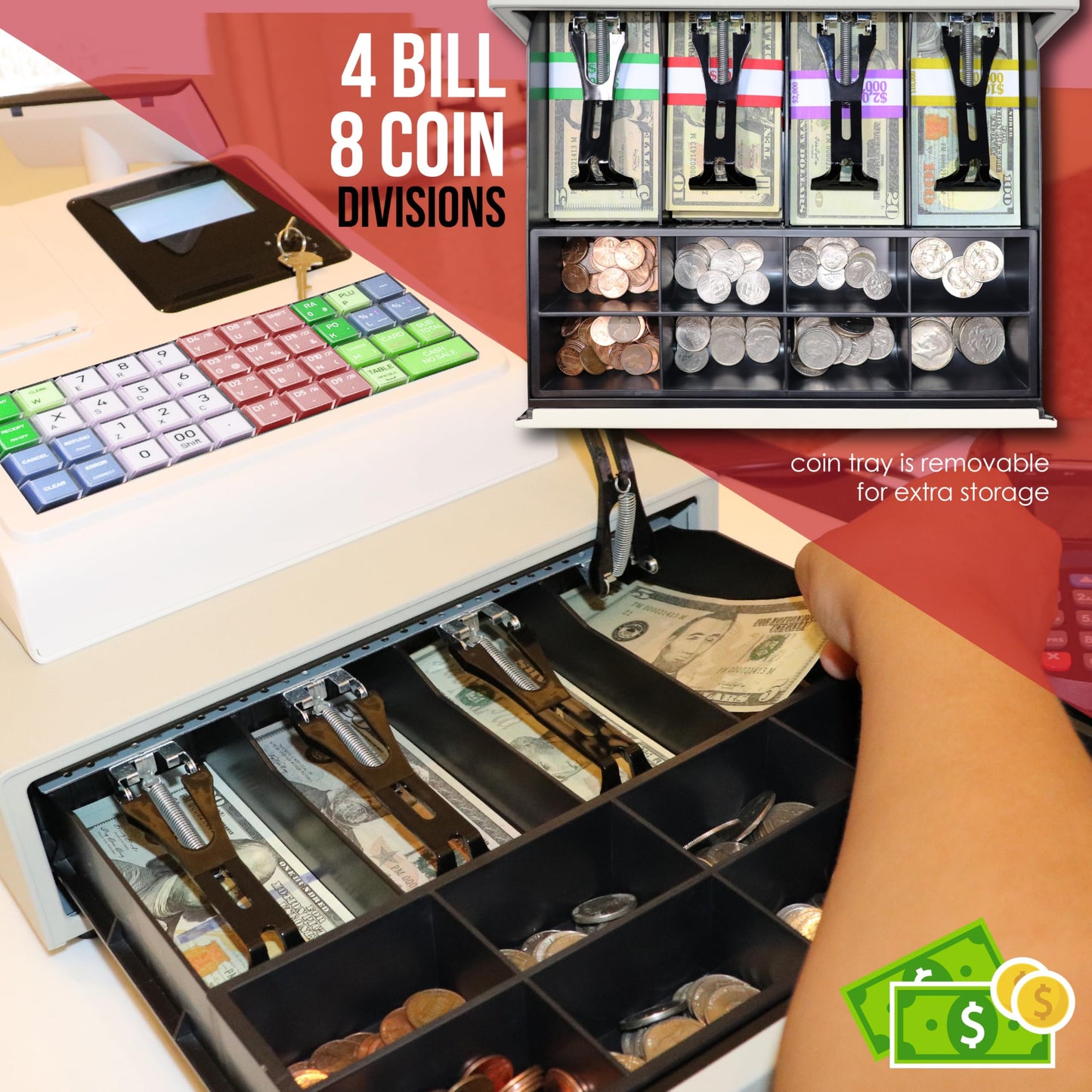 Cash Register for Small Businesses, 50 Dept 50 Clerks, 4700 Lookups Quick Load Thermal Printer, Steel Cash and Coin Drawer, White
