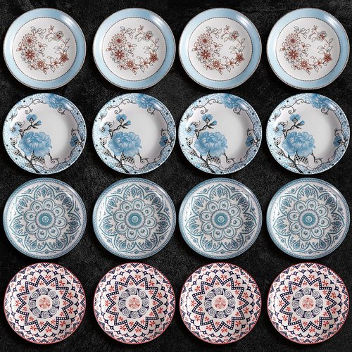 Artena Pasta Bowls Set - 20oz Porcelain Salad Bowls | 8-Inch Colorful Dinner Plates in Blue Peony