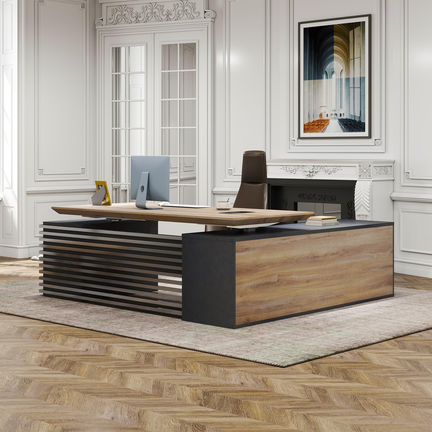 Electric Height Adjustable Executive Desk, Luxury L-Shaped Office Desk with Storage Cabinet & Charging Station, Solid Thickened Desktop, 86" Modern CEO Workstation for Home Office & Corporate Office