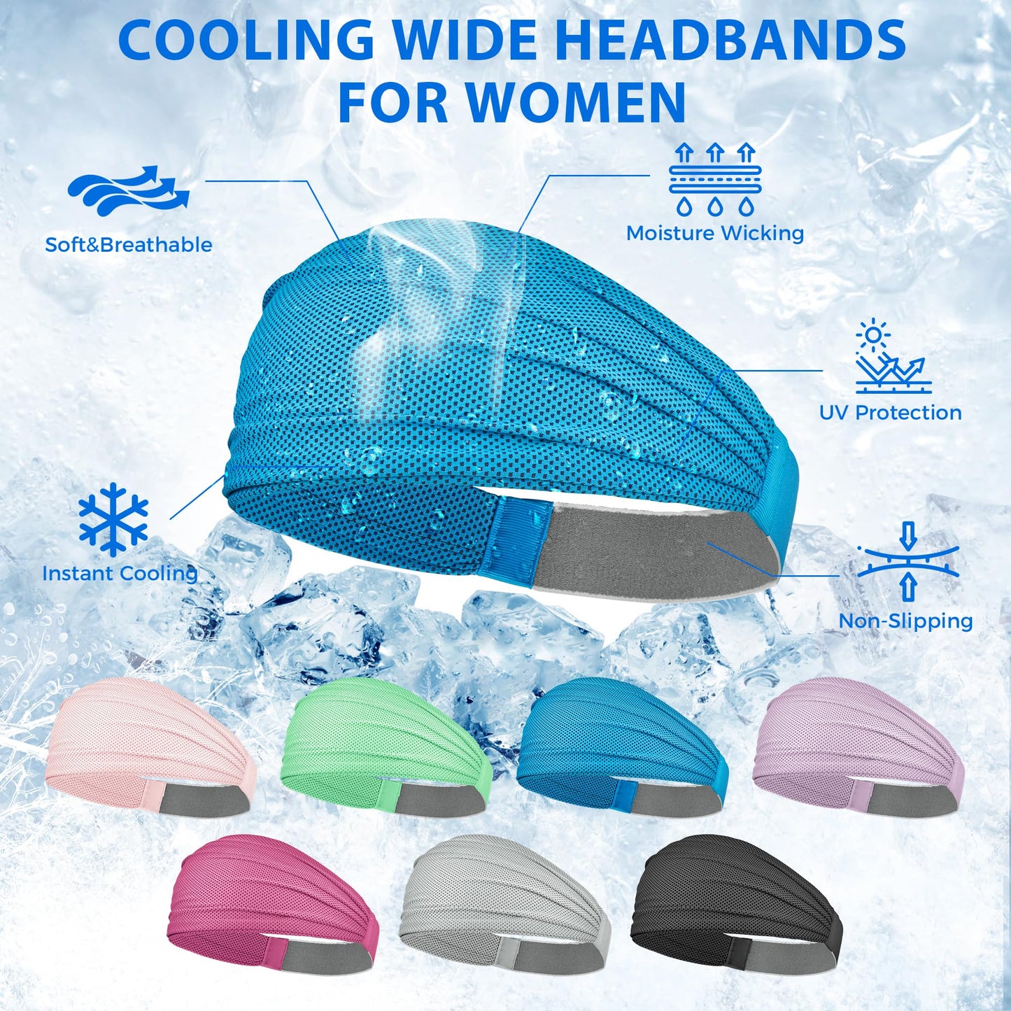 Sukeen Wide Headbands for Women, Instant Cooling Elastic Non-Slip Workout Headbands, Moisture-Wicking Sports Sweatbands for Gym, Yoga, Running, Fitness, 4 Pack, Blue/Macaron Pink/Mint Green/Lauva