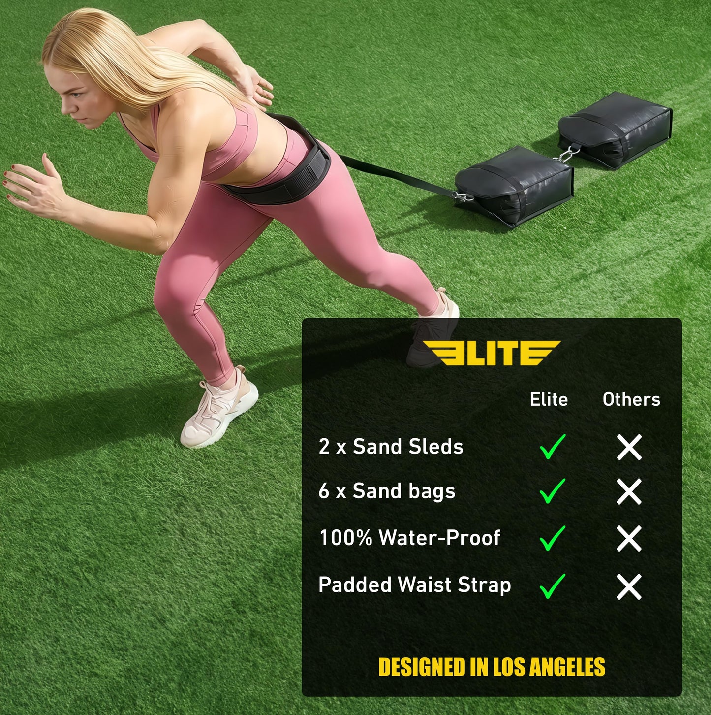 Elite Twin Sand Bag Sled Workout Sled – Waterproof Weight Sled Trainer with 6-Level 10–60 lb Resistance Pull System, Adjustable Waist Strap for Speed, Strength, Endurance & Agility Training