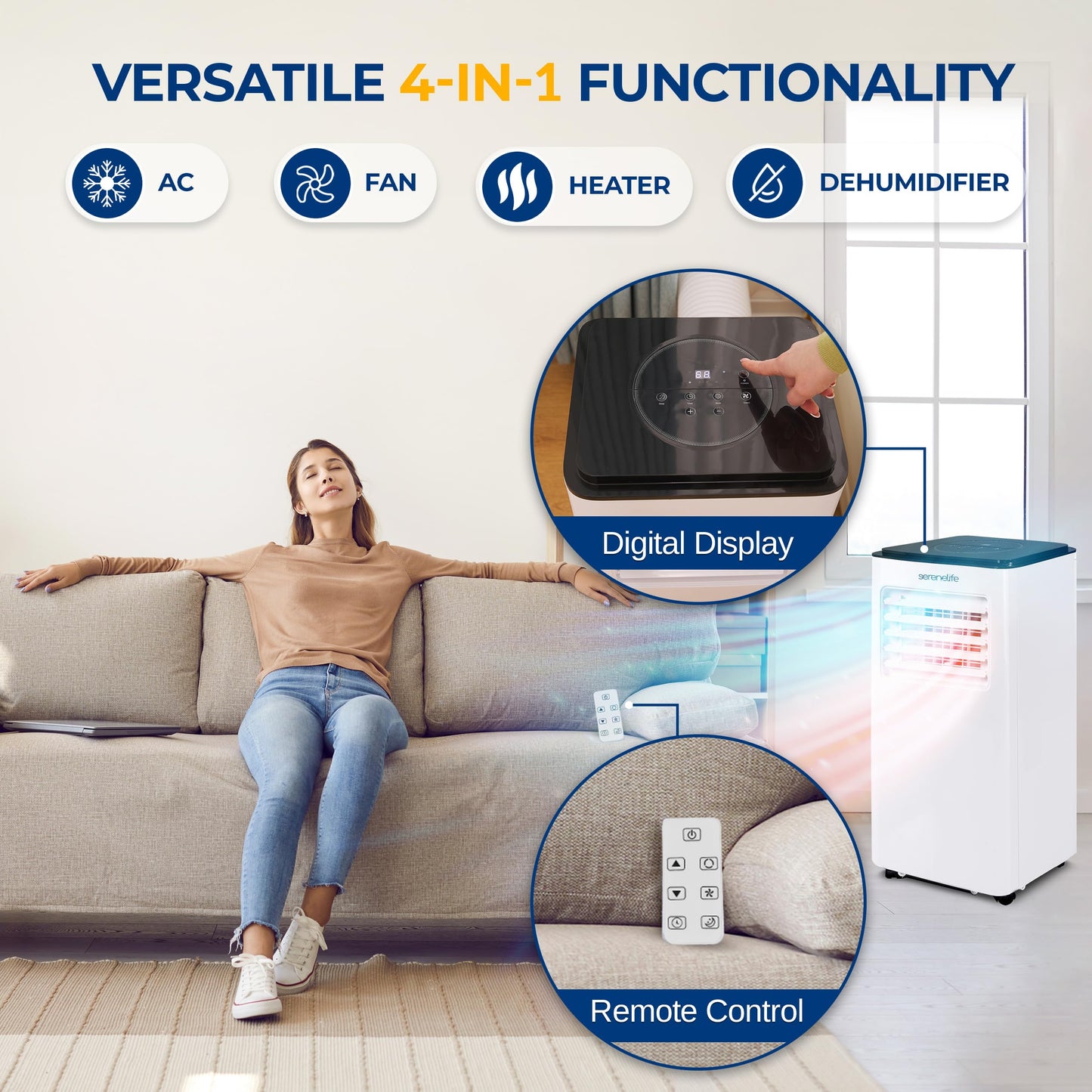 SereneLife 8000 BTU Portable Air Conditioner with Heating Functionality, 4-in-1 Compact Standing Air Conditioner for Room Up to 350 Sq. Ft., Floor AC Unit with LCD Remote Control, Auto Mode, Low Noise