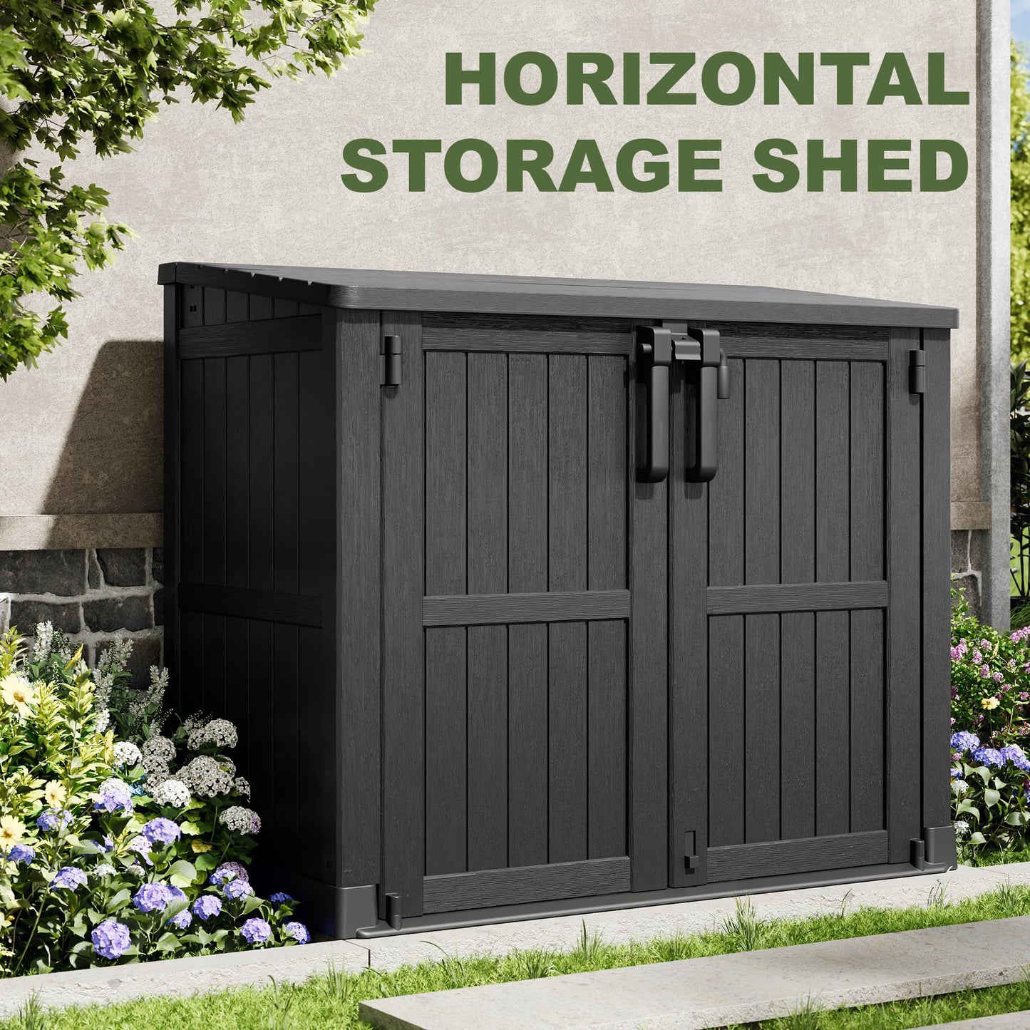WTFGO 36 Cu Ft Resin Outdoor Storage Shed, Weatherproof Horizontal Outdoor Storage Cabinet with Dual Lock Door for Backyard, Patio, Garage, Garden(Black)