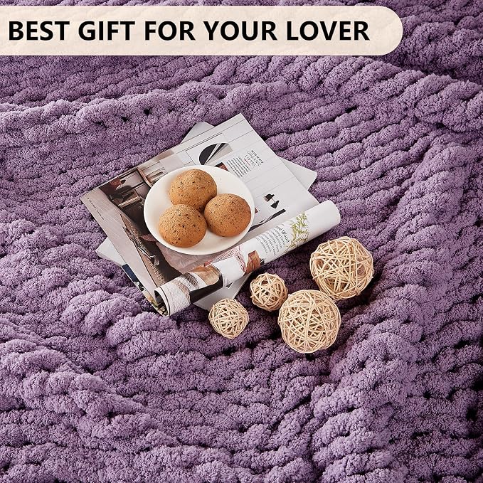 L'AGRATY Chunky Knit Blanket Throw - 60''x80'' Chenille Cable Knit Throw For Bed Couch - Handmade Thick Big Crochet Rope Blanket For Home Decor (Deep Purple)