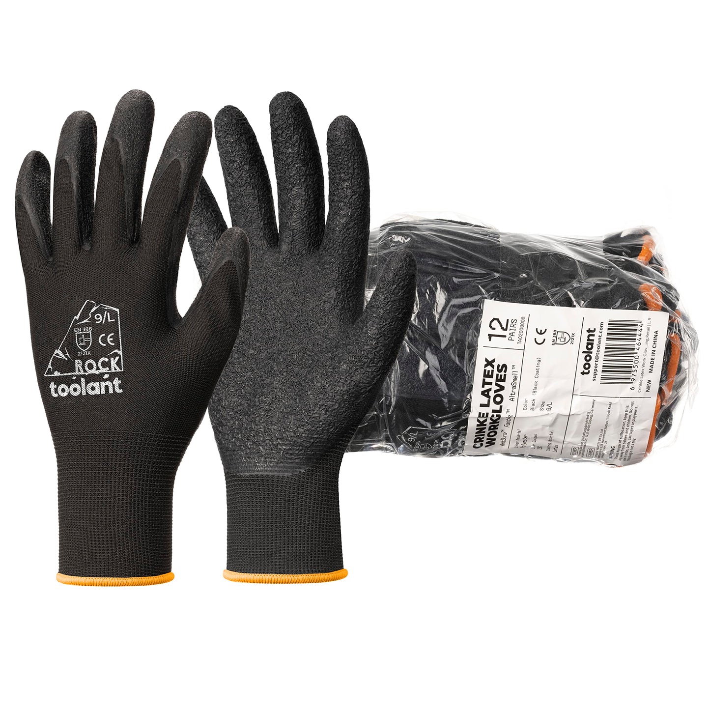 toolant Crinkle Latex Work Gloves Bulk, Rubber Coated Safety Work Gloves for Men and Women, 120 Pairs for Construction, Gardening, Warehouse (Black, Medium)