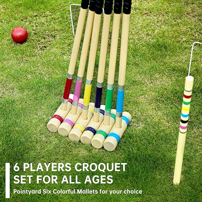 Pointyard 28" Croquet Set for 6 Players - Premium Wooden Mallets, Colored Balls & Carry Bag - Fun Games for Adults/Families/Kids at Backyard, Beach, Easy Setup in 1 Min,Anti-Slip Handle