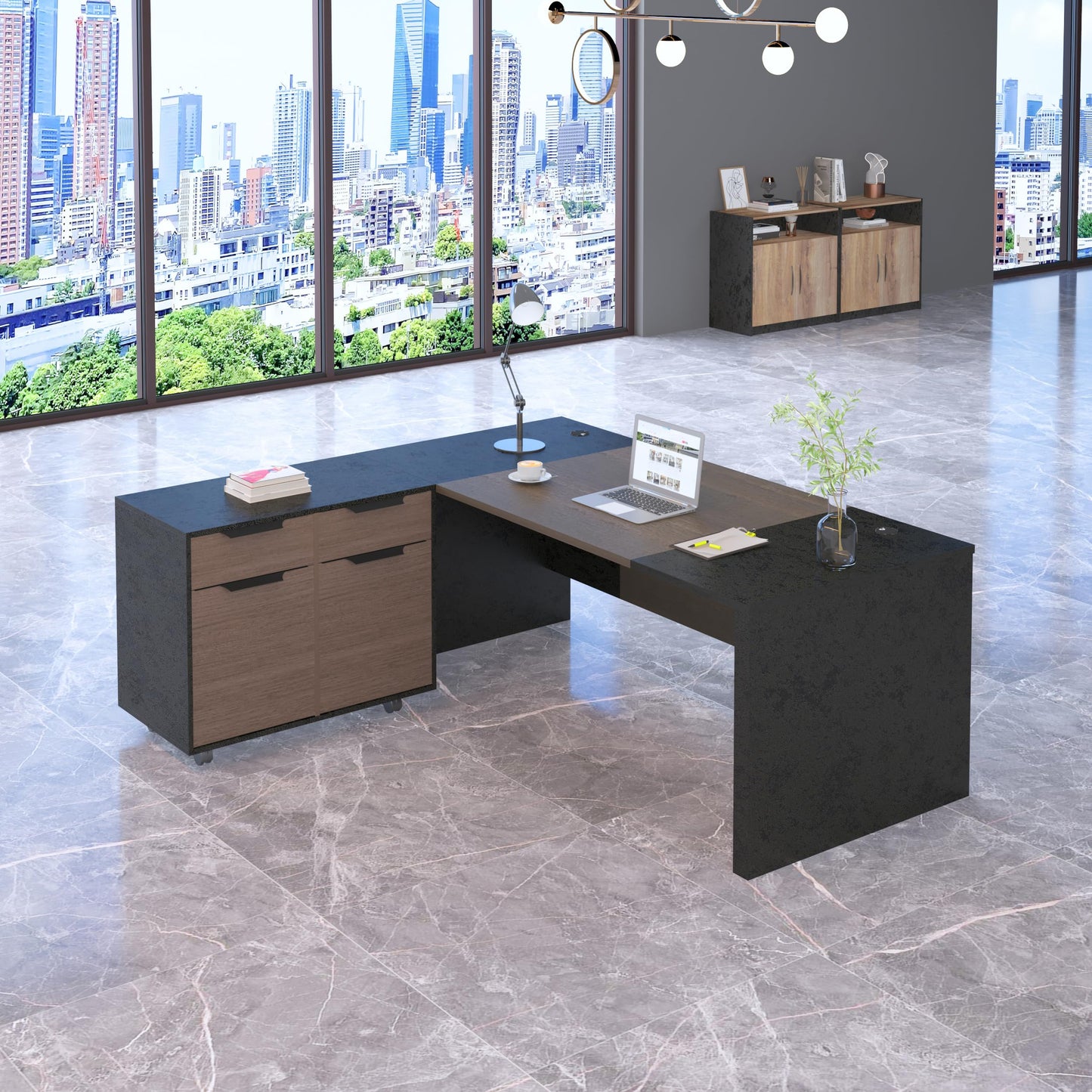 GT BLACK TURNSTONE 70.8” L Shaped Executive Desk with Reversible Mobile Storage Cabinet, Office Desk with Drawers & File Storage, Modern Home Office Desk for Professionals & Business Owners