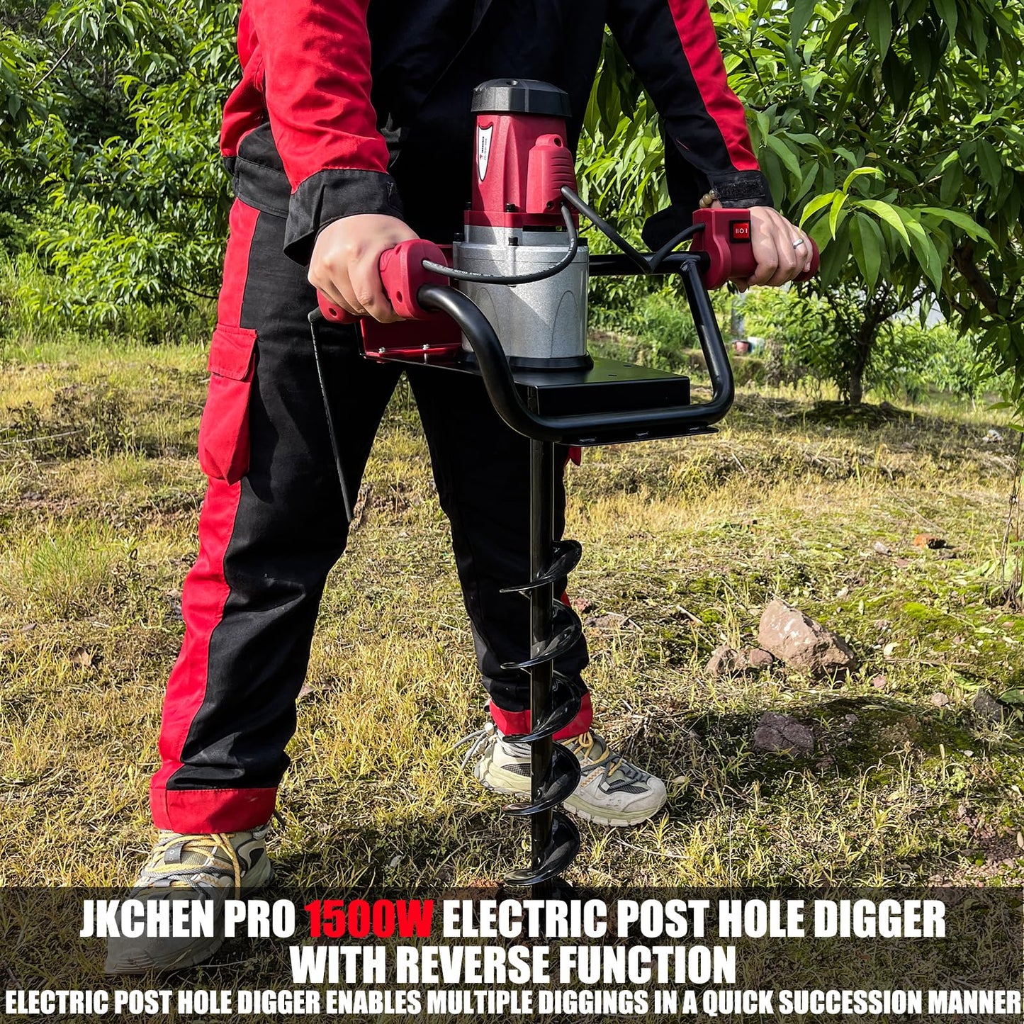 JKCHENPRO 1500W Electric Post Hole Digger - 6" & 4" Earth Auger with Reverse Function, Carry Bag & Durable Auger Bit for Fencing, Gardening