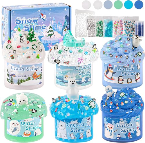 LAWOHO Snow Slime Kit - 6 Packs of Butter, Clear, Water & Cloud Slimes with Charms | Perfect Kids' Gift Set