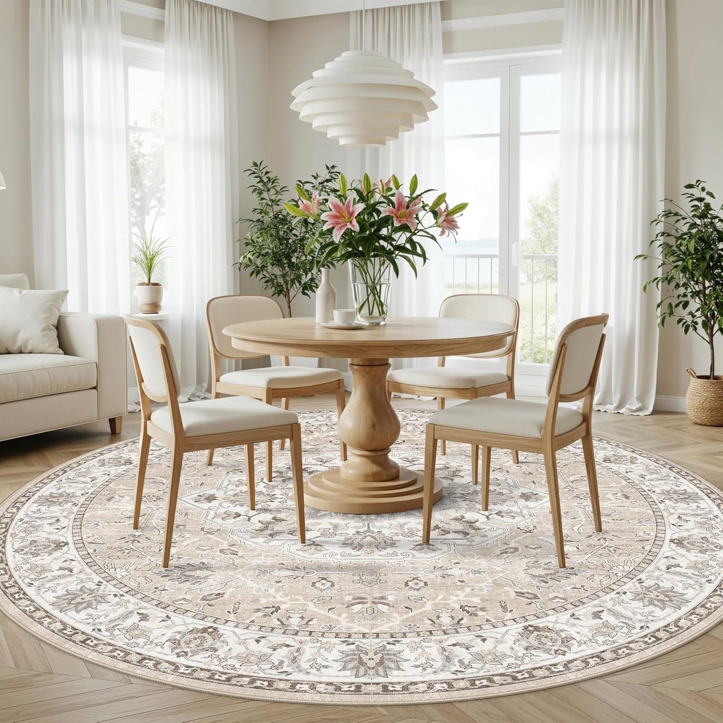 Skiennix Washable 6ft Circle Rug - Soft Low-Pile Area Rug for Living Room, Bedroom, Nursery | Beige
