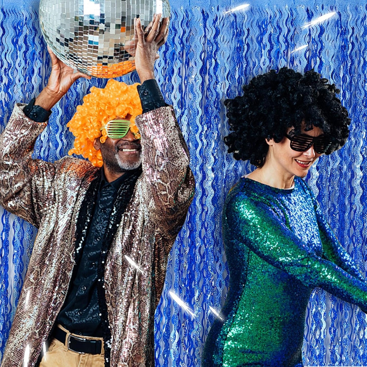 Skiennix Blue Tinsel Foil Fringe Curtains - Sparkling Wavy Backdrop for Parties & Photo Booths