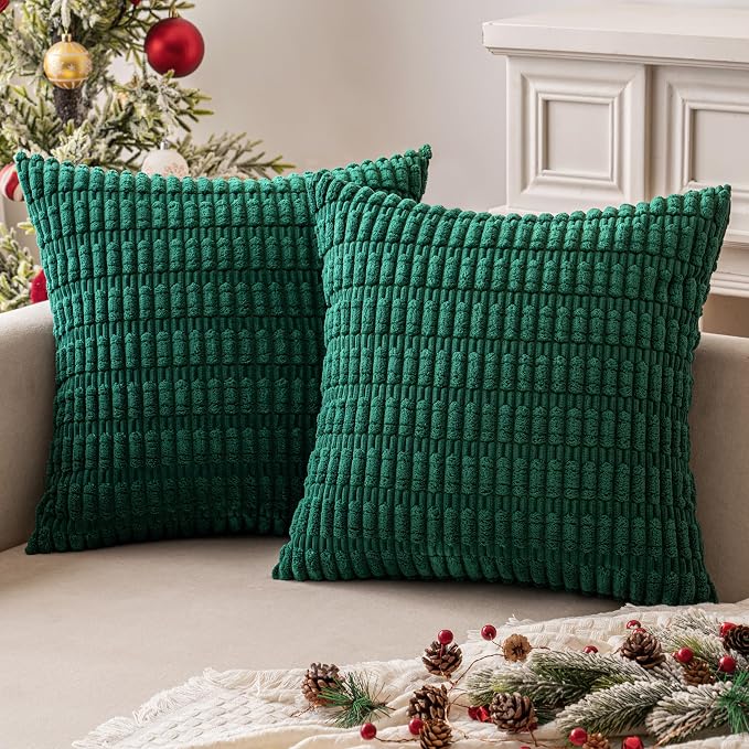 MIULEE Pack of 2 Dark Green Corduroy Decorative Pillow Covers 20x20 Inch Soft Boho Striped Throw Pillow Covers Modern Farmhouse Home Decor for Sofa Living Room Couch Bed