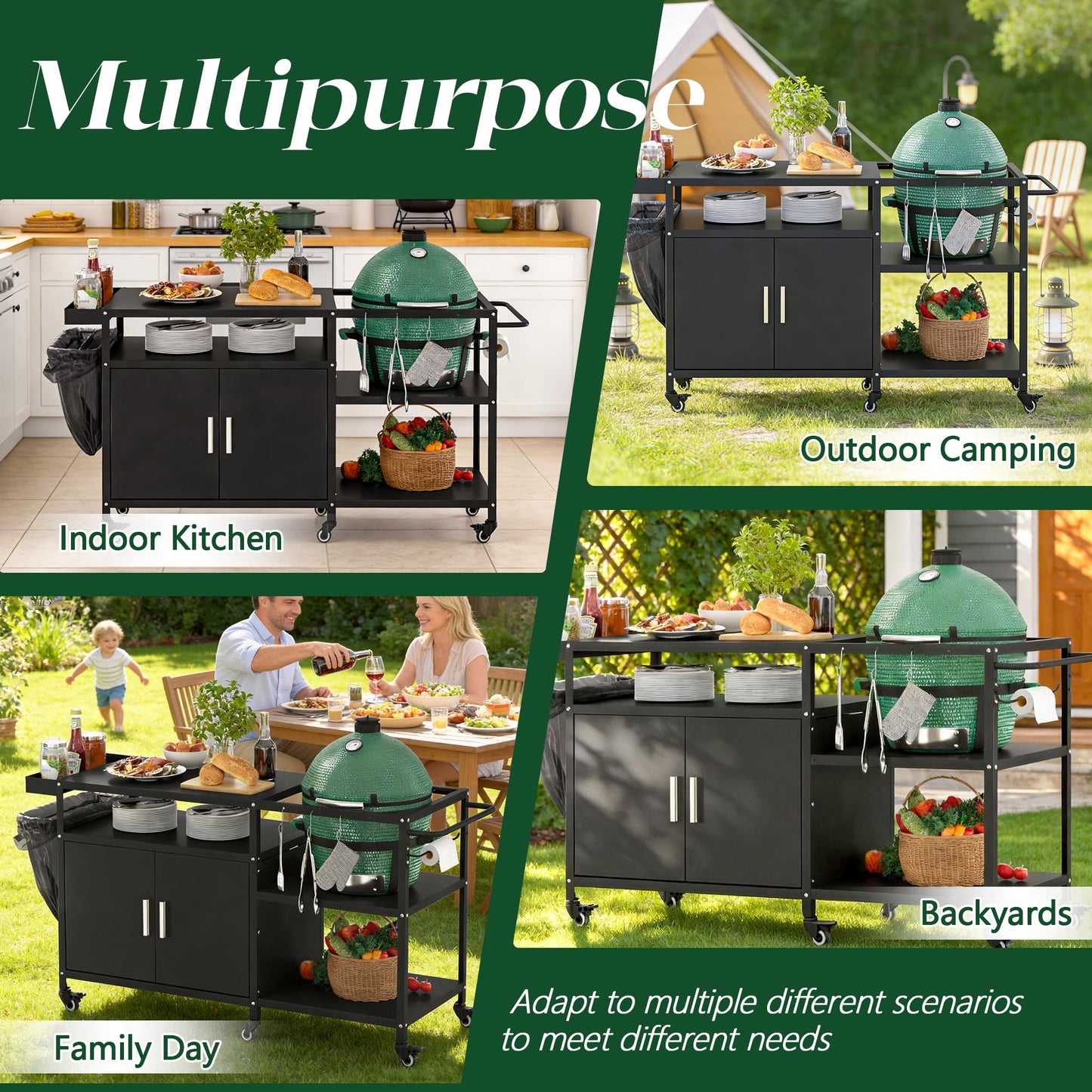 Mobile Grill Cart Compatible with Big Green Egg, Heavy Duty Metal Grill Table for Large/Medium Ceramic Charcoal Grills, Outdoor Kitchen Island Prep Station with Storage Cabinet, 6 Wheels