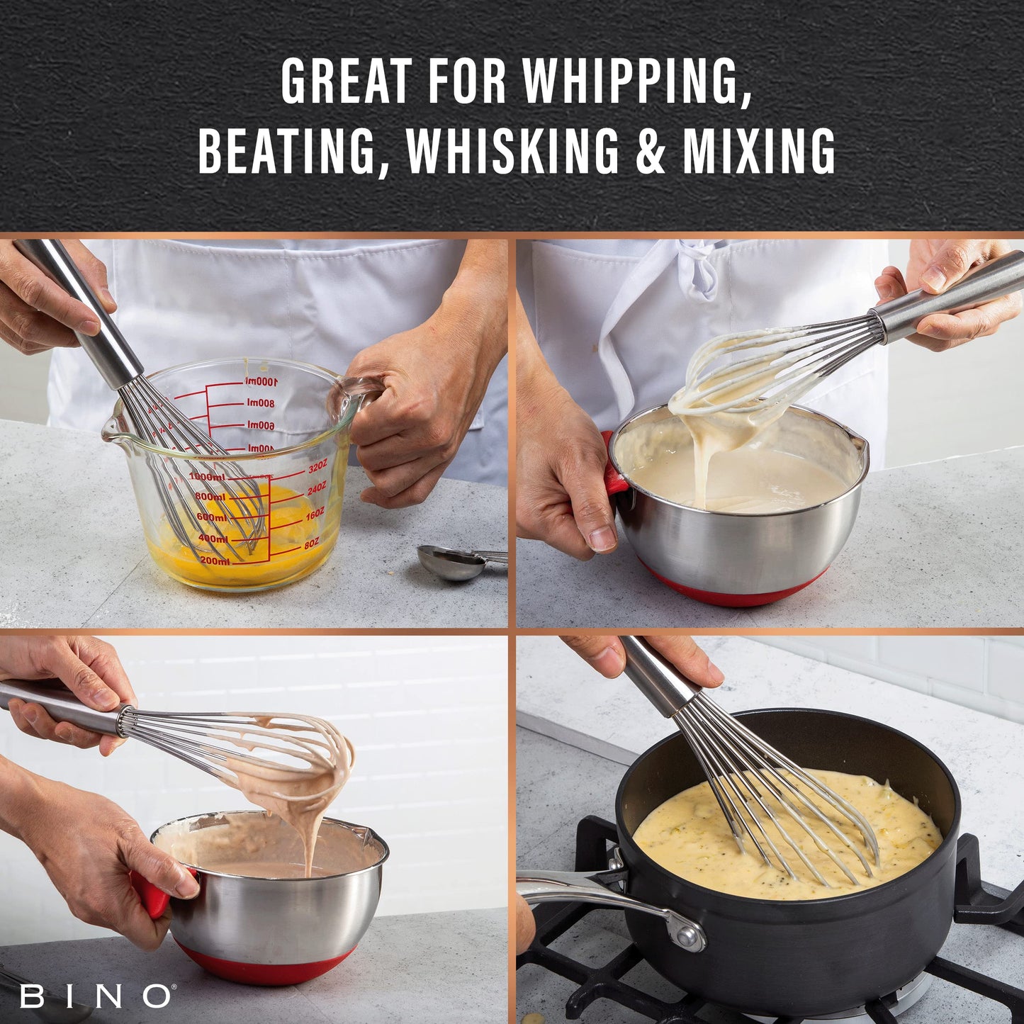 BINO 2-Piece Egg Whisk Set - 10 Inch | Thick Wire Balloon Whisk Set | Manual Egg Beater | Pancake Whisk | Kitchen Whisks for Cooking & Baking | Kitchen Utensils Whisking & Stirring | Kitchen Tools