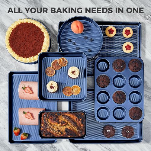 HONGBAKE 9-Piece Nonstick Baking Pans Set - Stackable, Non-Toxic Bakeware with Diamond Texture | Blue