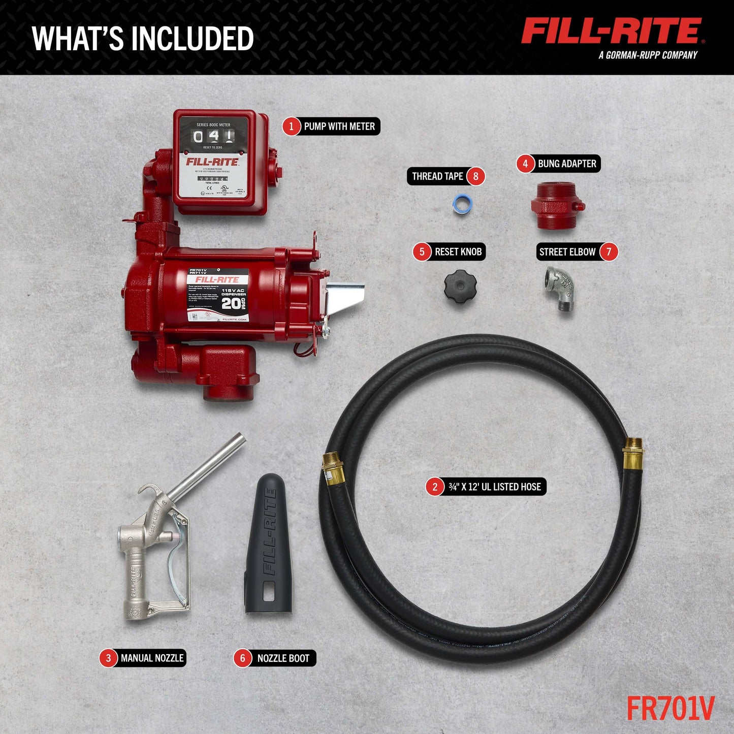 Fill-Rite FR701V 115V 20 GPM Fuel Transfer Pump With Standard Mechanical Meter Package, Gallons - For Gasoline, Diesel, Kerosene, Ethanol Blends, Methanol Blends & Biodiesel up to B20