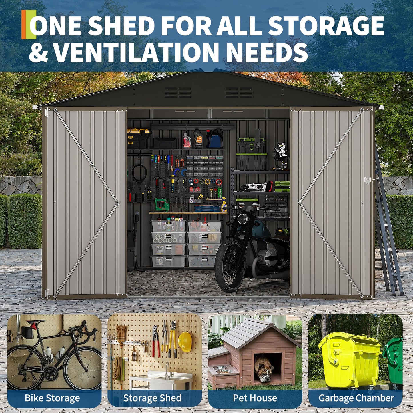 GarveeLife 10 x 10 FT Outdoor Storage Shed,Metal Garden Sheds&Outdoor Storage Clearance, Large Tool Shed Outdoor with Single Lockable Door,Ideal Storage House for Backyard Garden Patio Lawn