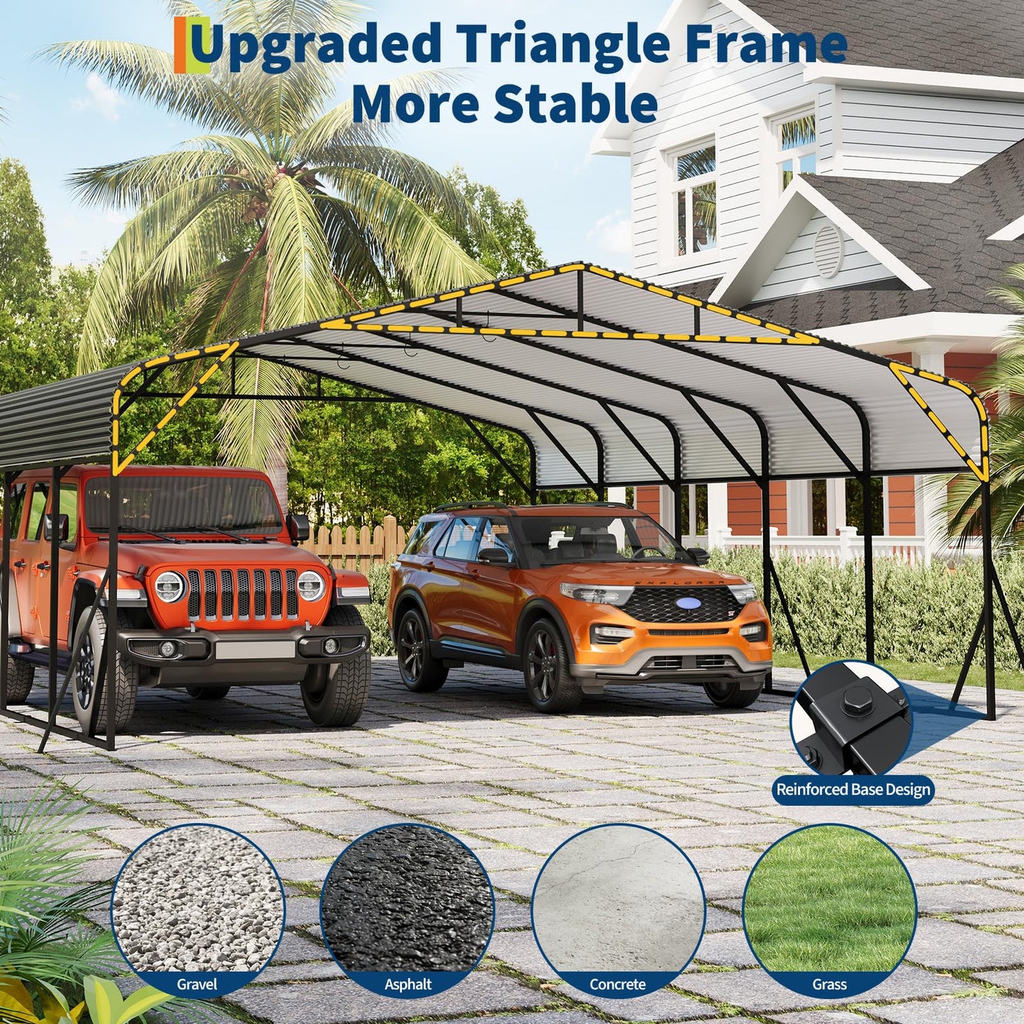 Metal Carport, Carport with Reinforced Base and Galvanized Steel Roof, Heavy Duty Garage Car Shelter Shade, Outdoor Car Port Canopy 20X25 ft