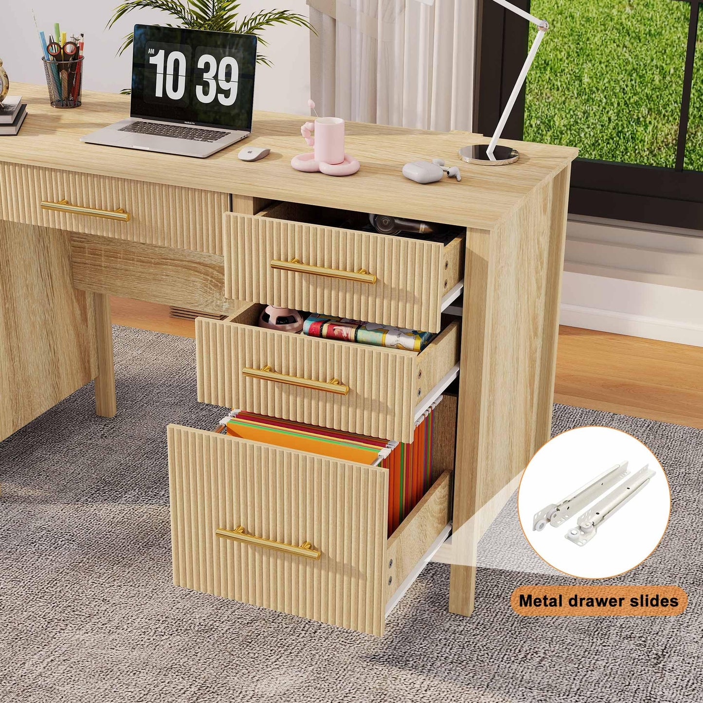Mhsatyrs Modern Executive Desk with Drawers: 55" Oak Home Office Desks with File Drawers, Fluted Desk with Storage, Wood Computer Desks for Work, Study and Living Room (Oak, 54")