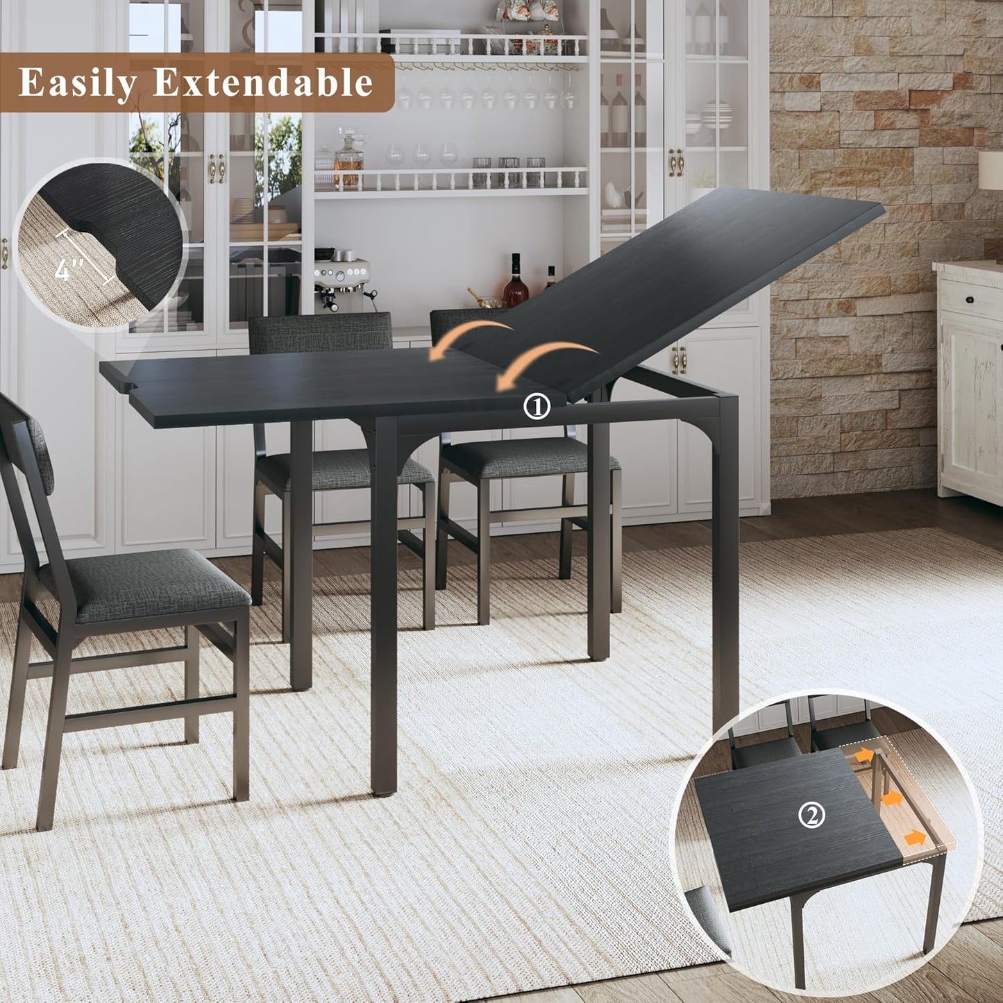 Regine Switzerland 7-Piece Dining Table Set - Extendable Kitchen Table with 6 Cushioned Chairs | Space-Saving Black Design