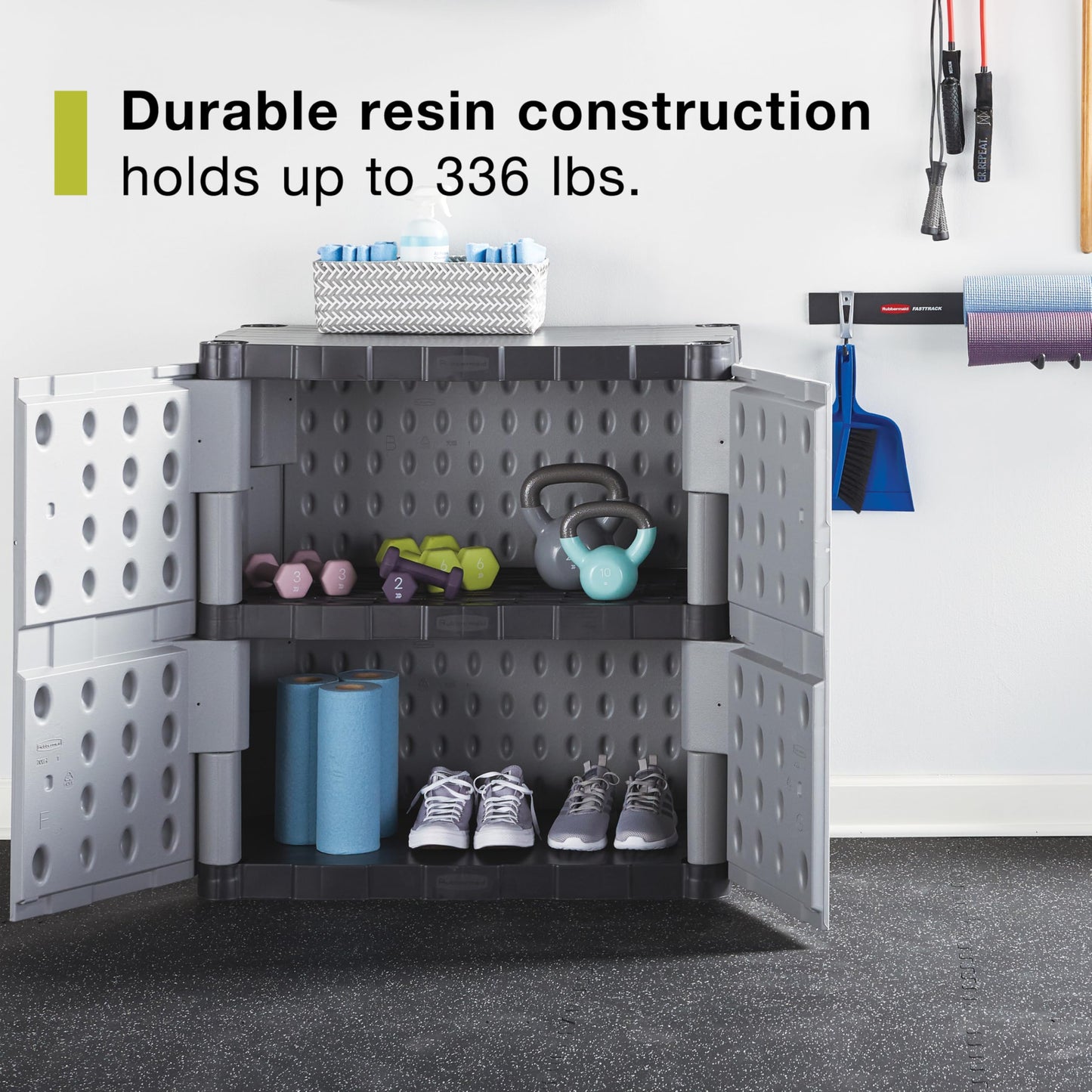 Rubbermaid Freestanding Storage Cabinet with Doors 18"D x 36"W x 37"H Medium Gray/Black Two-Shelf Lockable Cabinet for Indoor/Outdoor/Garage Storage for Garden Tools/Lawn Care Accessories