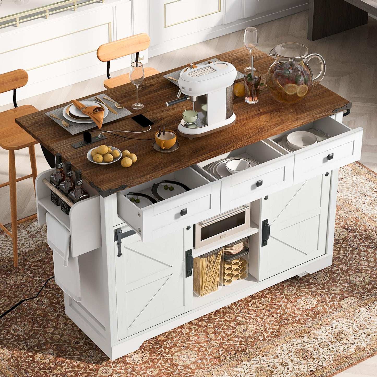EQEY 53.7" Farmhouse Kitchen Island with Power Outlet, 2 Sliding Barn Door Kitchen Storage Island with Drop Leaf, Spice Rack Rolling Kitchen Cart on Wheels, for Home, Kitchen and Dining Room, White