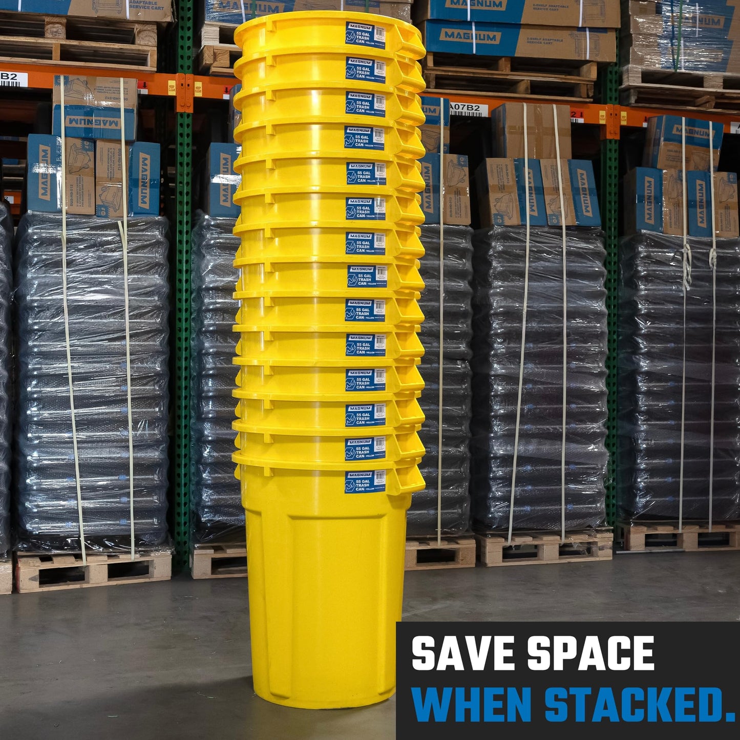 Magnum 55 Gallon Trash Can, High-Vis Yellow, Construction Grade, Heavy Duty Plastic, Jobsite Ready for Handling and Holding Garbage CMTC-C000-55Y02 (2 Pack)
