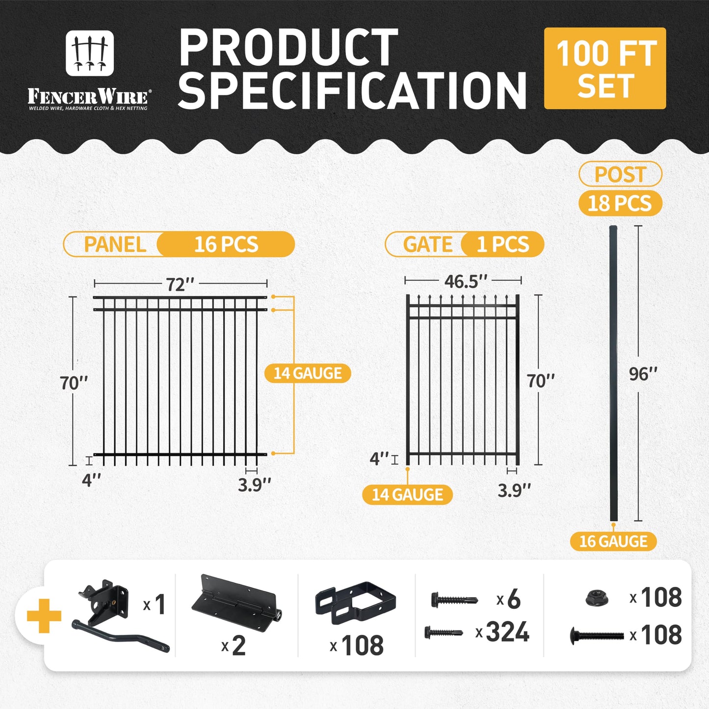 Fencer Wire 100FT Heavy Duty Flat Top Fence Barrier Kit, Anti-Rust Metal Steel Fence with 6FT Height X 6FT Width Panels, with Pinnacle Gate, Posts, Connectors, Outdoor Fencing for Yard