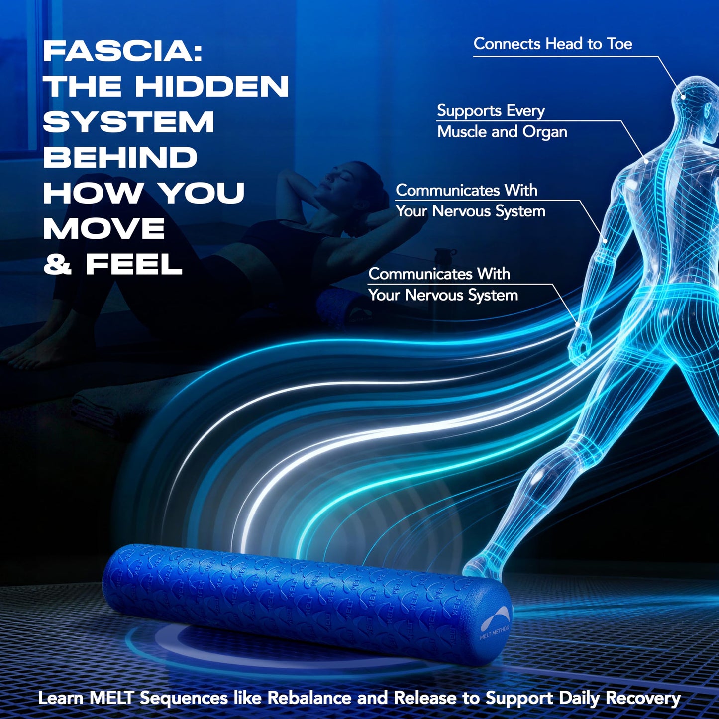 MELT Method 36 Inch Soft Foam Roller for Physical Therapy and Exercise Recovery - FasciaTherapy Technology - Low Density Exercise Foam Roller for Full Body Gentle Compression - Blue
