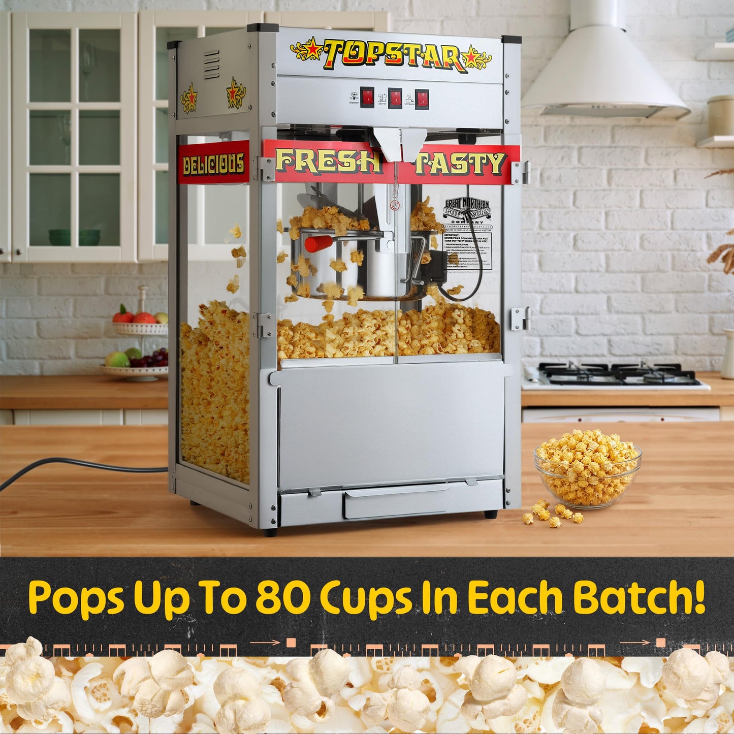 Top Star Popcorn Machine - 12oz Stainless-Steel Kettle, Reject Kernel Tray, Warming Light, and Accessories by Great Northern Popcorn (Red and Yellow)