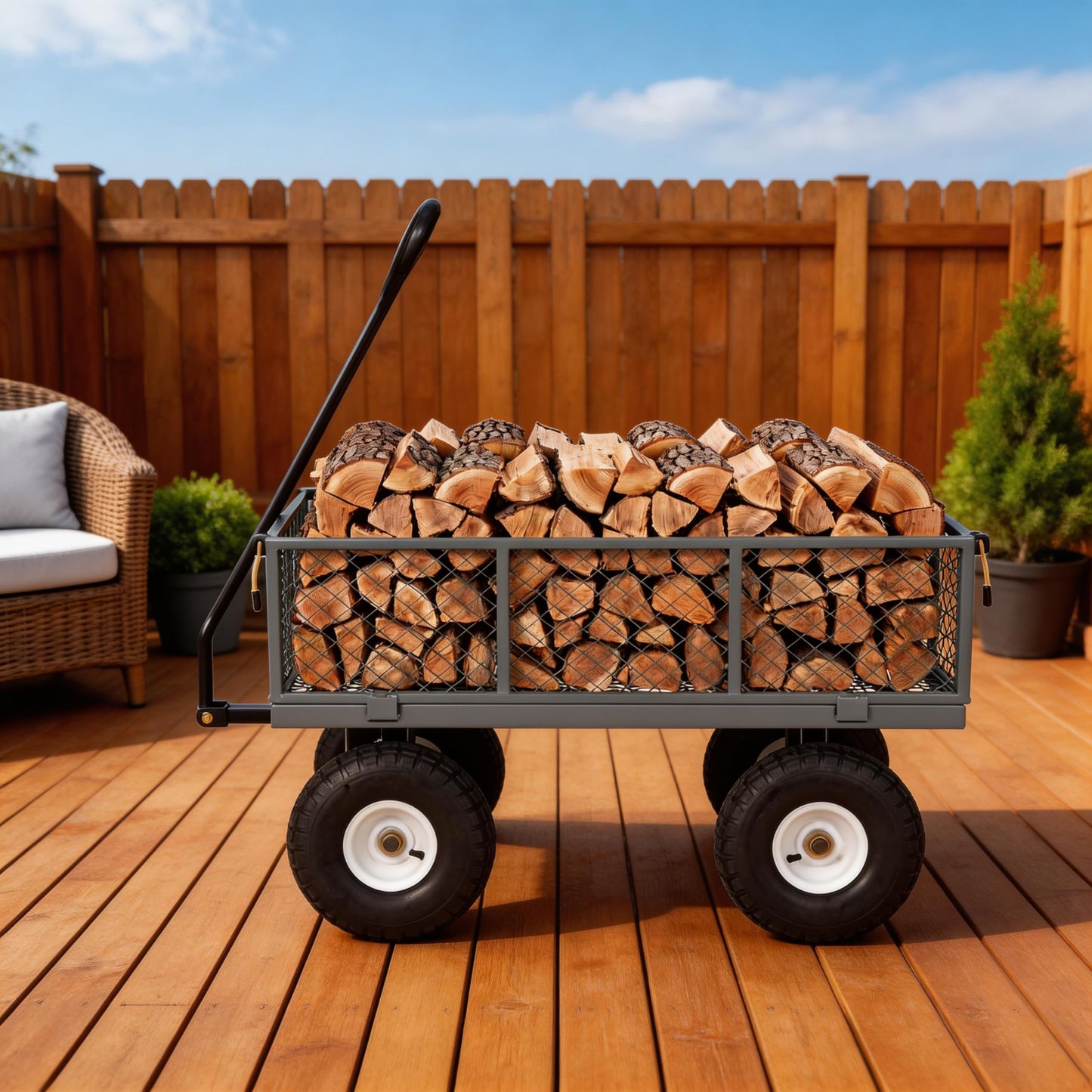 GarveeTech 800LBS Heavy Duty Steel Garden Cart, Garden Wagon Cart on Wheels, Metal Yard Utility Wagon with Removable Mesh Sides, 10" All Terrain Tires, 180° Rotating Handle for Lawn, Garden, Farm