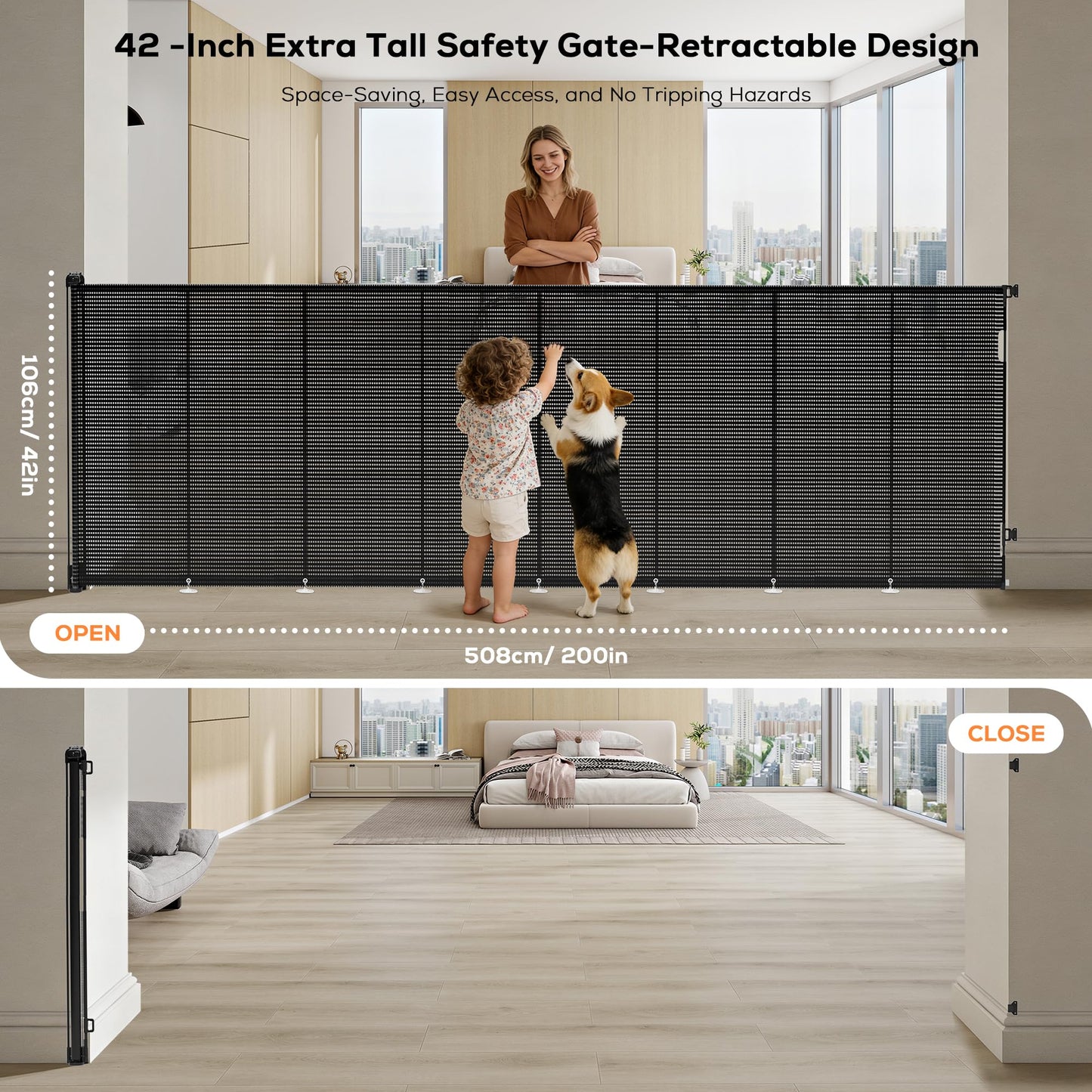 Mutak Retractable Baby Gate for Stairs, 42" Tall X 200" Wide Mesh Dog Gate Indoor, Child Gate for Doorways, Hallways, Deck, Indoor Outdoor Pet Baby Safety Essentials for Home, Black