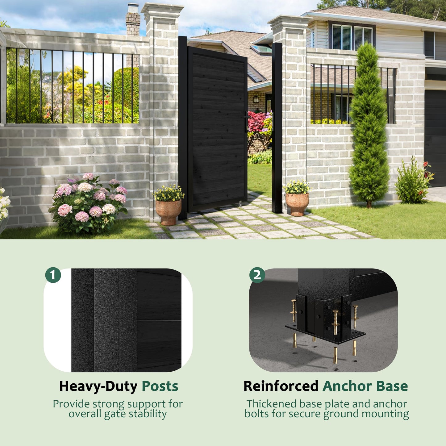 BlueWish 6 x 3 FT Cedar Wood Fence Gate Kit, Board-on-Board Privacy Fence Gate, Aluminum Frame with Security Lock System, Outdoor Garden Yard Complete Gate Kit for Backyard, Pool, Black