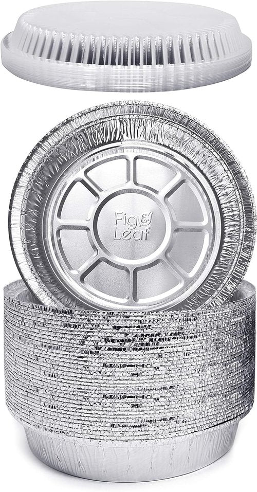 Fig & Leaf Premium 9-Inch Round Foil Pans - Heavy Duty Disposable Aluminum with Plastic Dome Lids | 45 Pack