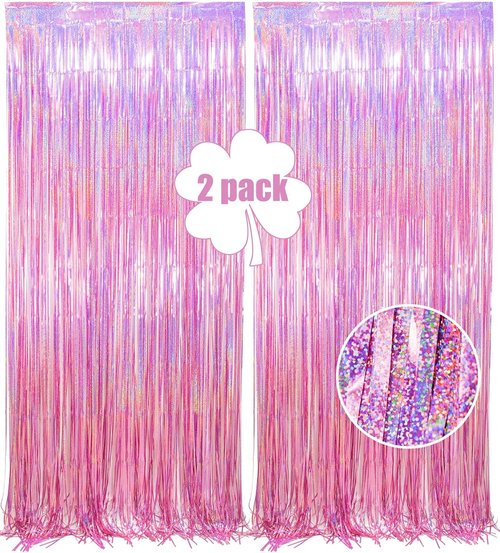 Glitter Pink Foil Fringe Curtain by [Brand Name] - 2 Pack 3.2x8.2 Ft Metallic Tinsel Backdrop for Parties