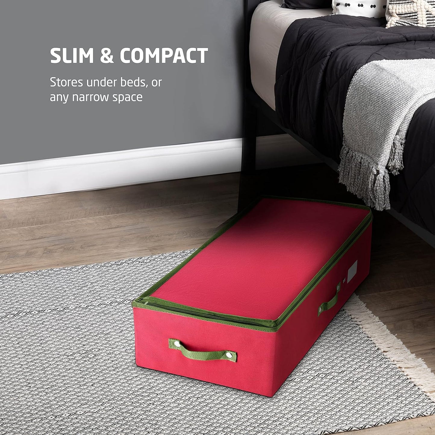 ZOBER Christmas Ornament Storage Box - Holds 120 3" Ornaments with Dividers - Durable Tear-Proof 600D Oxford Fabric - Red
