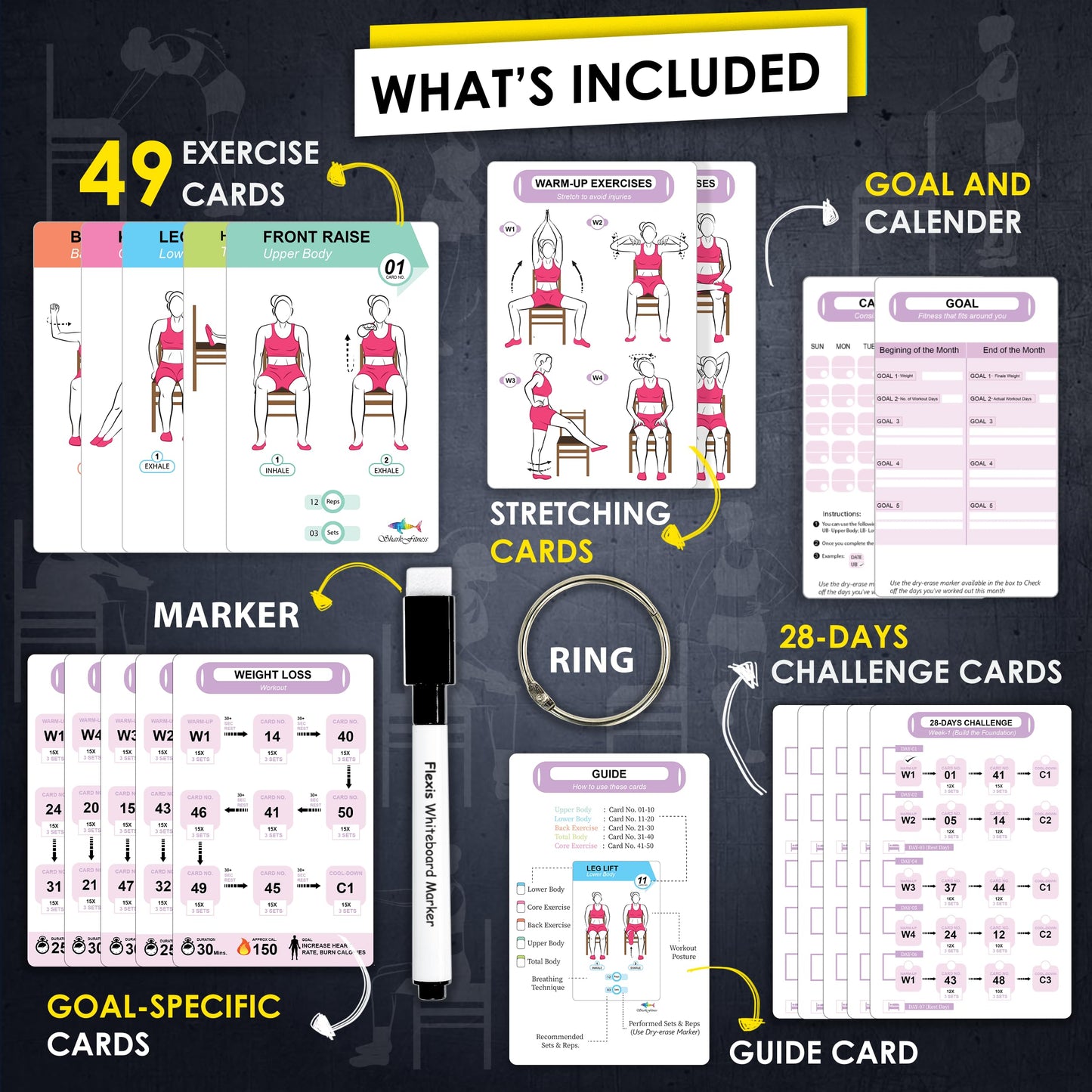 Flexies Chair Yoga Workout Cards – 58 Seated Exercise Cards for Beginners & Seniors | 28 Day Chair Workout Chart for Weight Loss, Strength, Flexibility & Balance