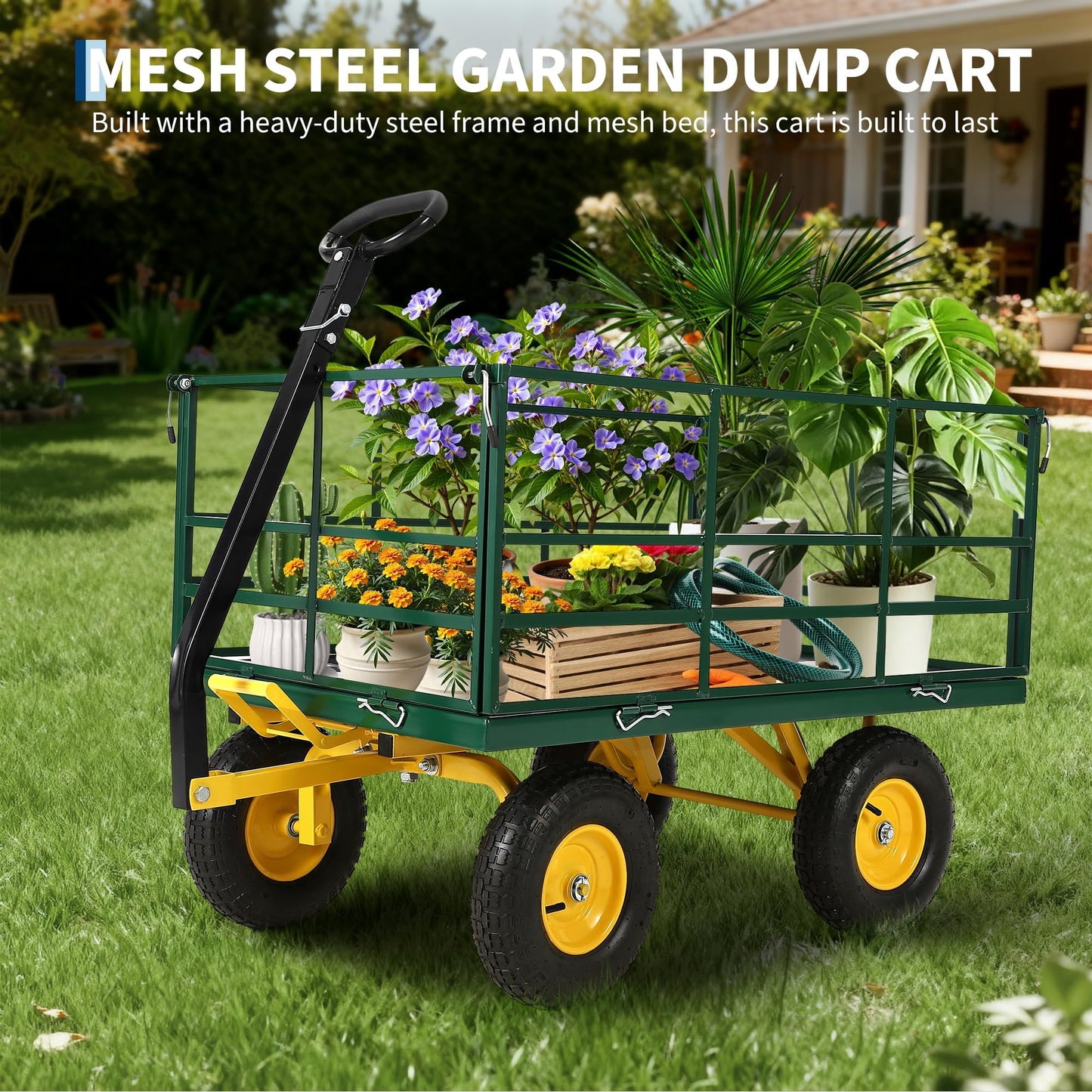 Heavy Duty 1500 Lbs Capacity Mesh Steel Garden Cart Folding Utility Wagon with Removable Sides, Garden Cart on Wheels for Gardening Soil, Tools, and Plant Transport
