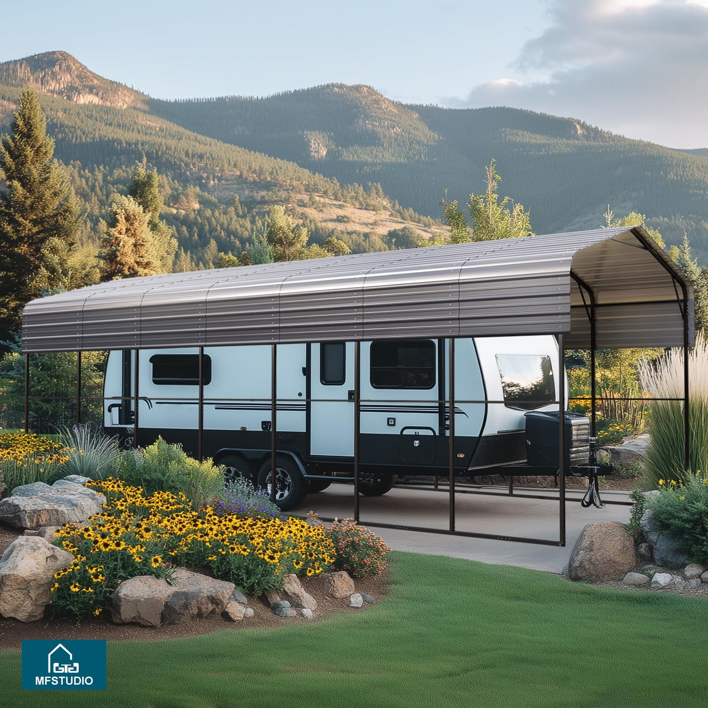 MFSTUDIO RV Carport 14x35 ft, Outdoor Heavy Duty Carports, Height 13 ft for Large RVs Metal Shed Canopy Shelters Garage Shelter Shade Car Ports with Galvanized Roof for 2 Cars, Truck and Boats ﻿